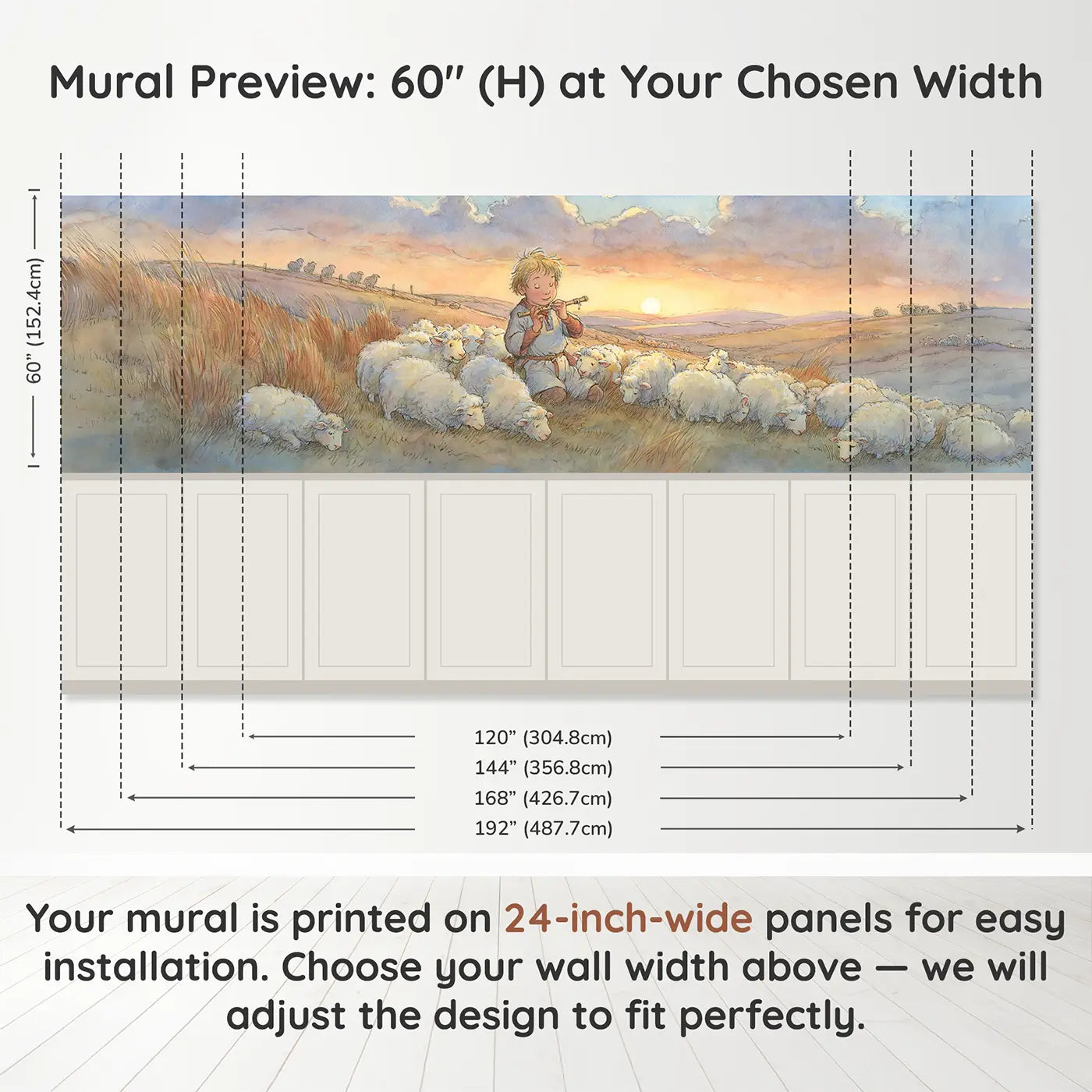 Panel dimensions for Shepherd Boy Flock Hillside Wainscoting Wallpaper by Whimsy Tots