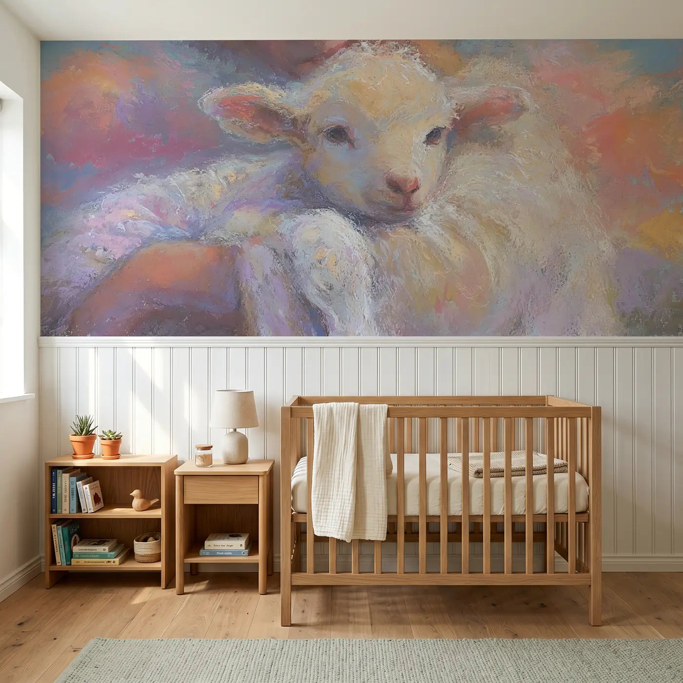 Soft Pastel chalk lamb cradle gentle wainscoting wallpaper for nursery by Whimsy Tots.