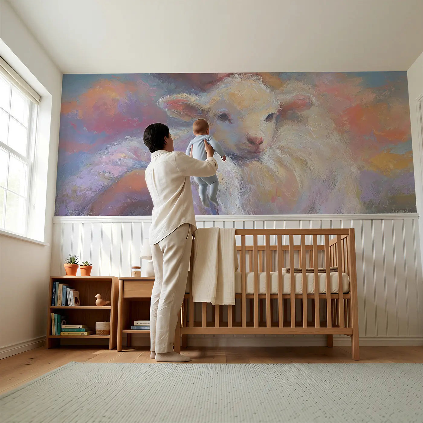 Child reading near Chalk Lamb Cradle Gentle Wainscoting Wallpaper by Whimsy Tots