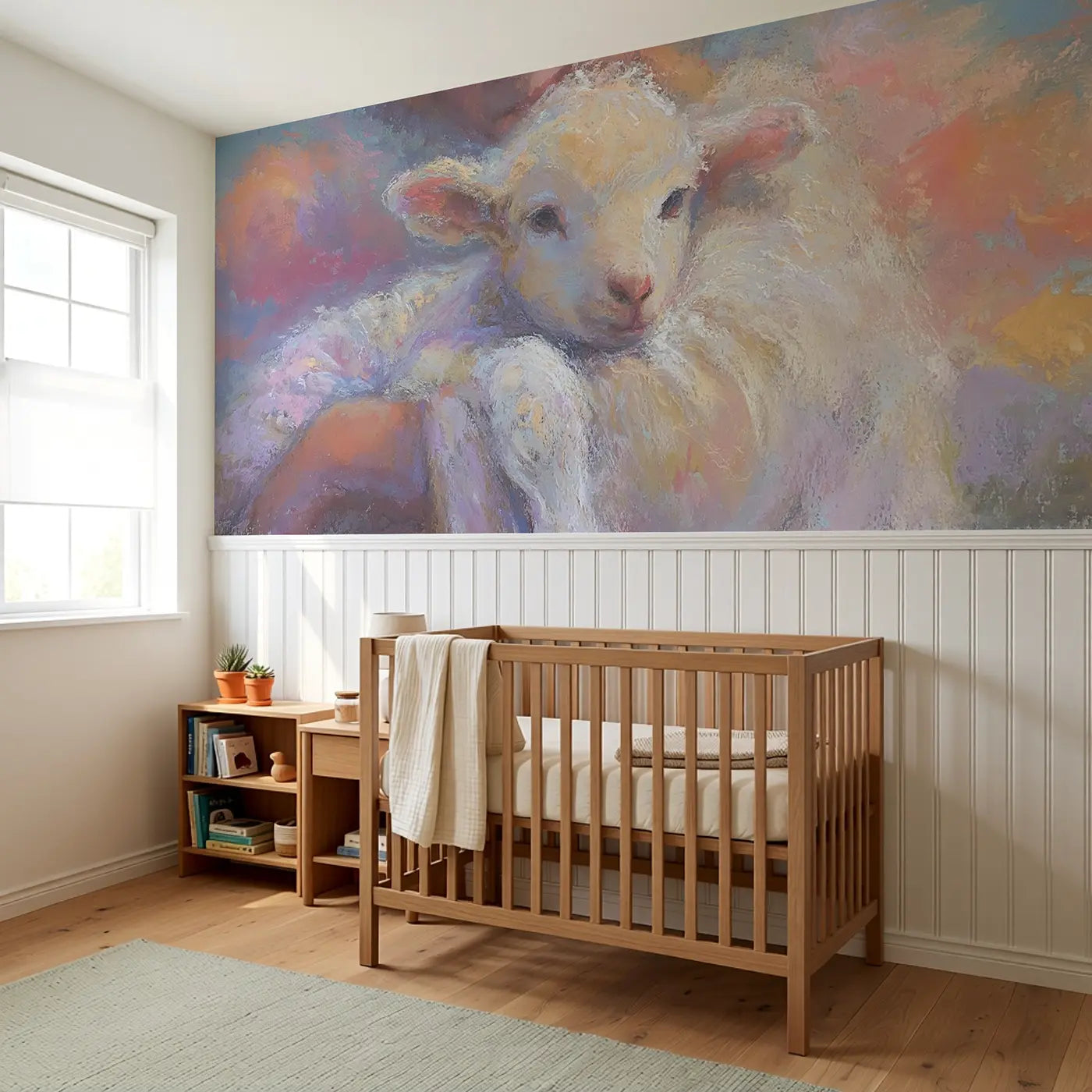 Chalk Lamb Cradle Gentle Wainscoting Wallpaper styled in a kids bedroom by Whimsy Tots