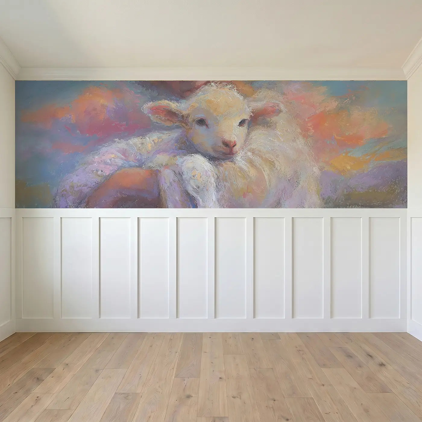 Full panel view of Chalk Lamb Cradle Gentle Wainscoting Wallpaper by Whimsy Tots