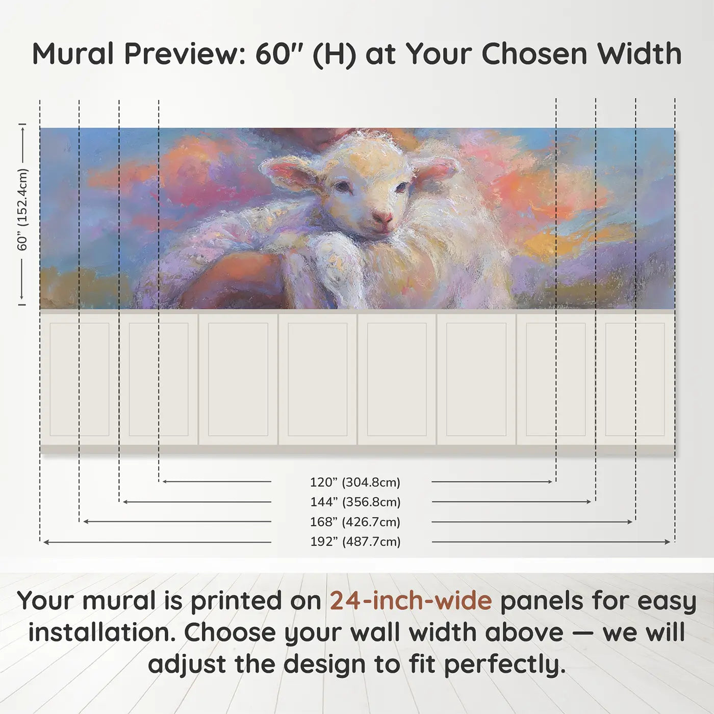 Panel dimensions for Chalk Lamb Cradle Gentle Wainscoting Wallpaper by Whimsy Tots