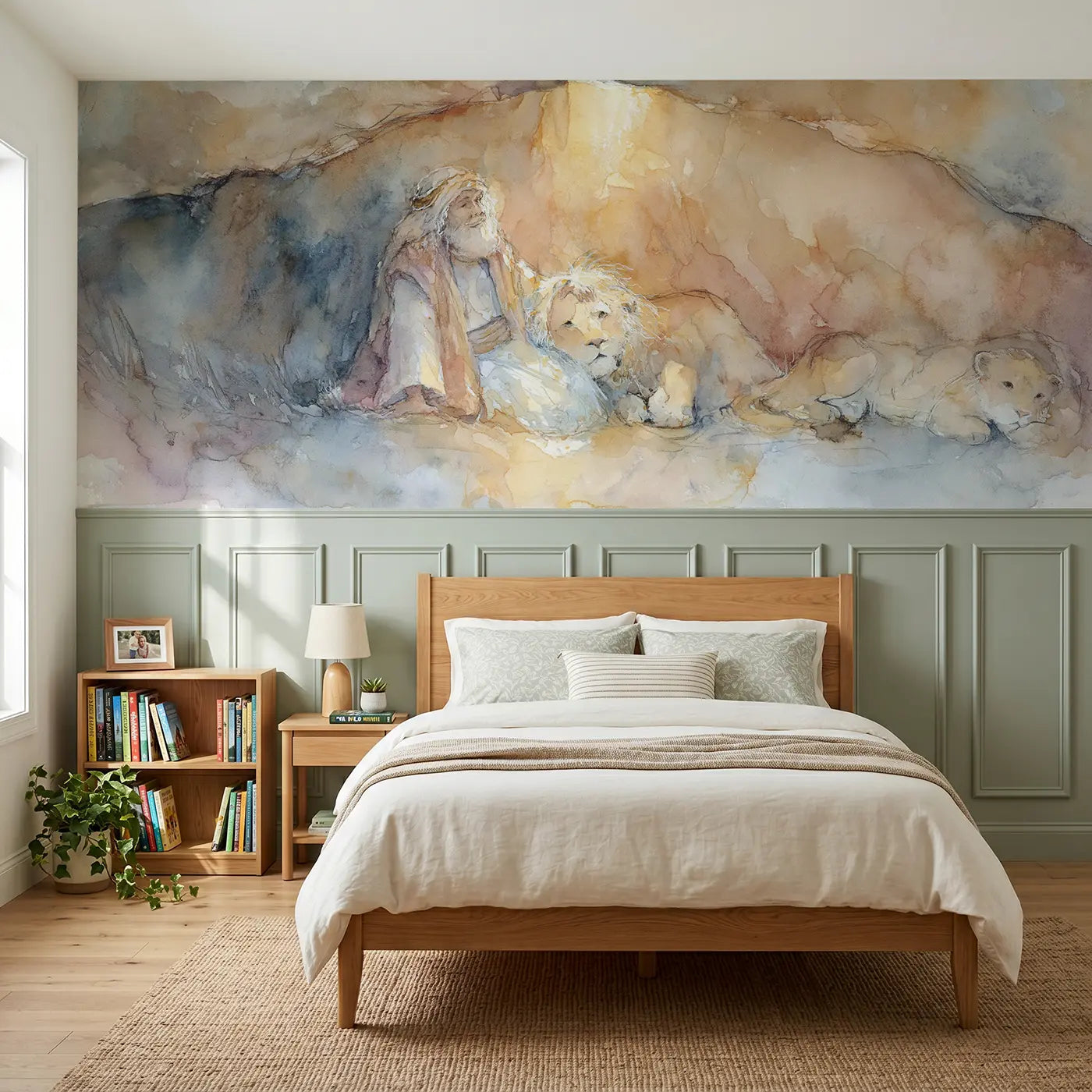 Watercolor Daniel lions peaceful den wainscoting wallpaper for bedroom by Whimsy Tots.