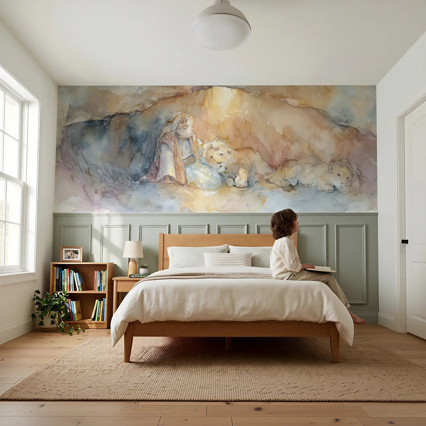 Child reading near Daniel Lions Peaceful Den Wainscoting Wallpaper by Whimsy Tots