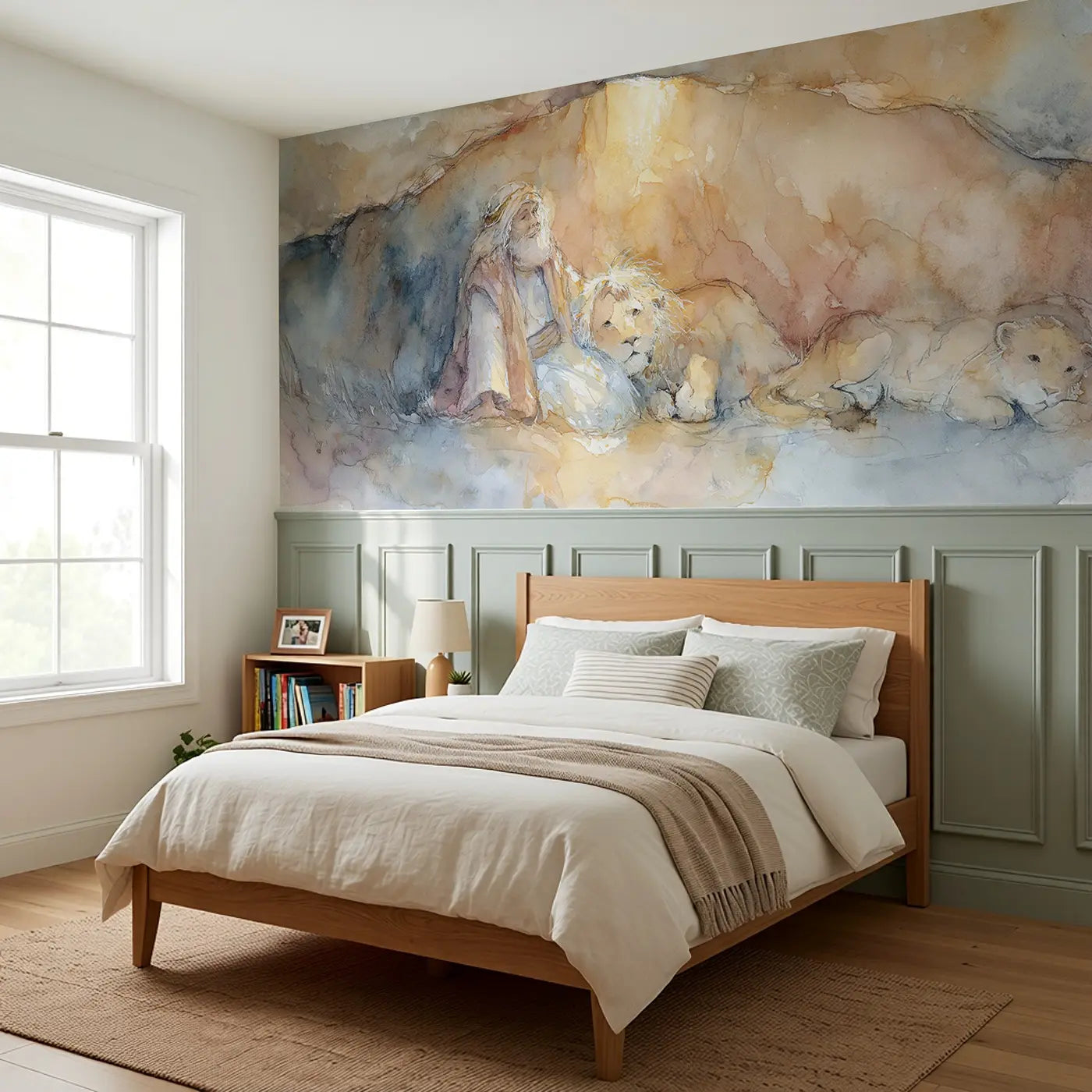 Daniel Lions Peaceful Den Wainscoting Wallpaper styled in a kids bedroom by Whimsy Tots