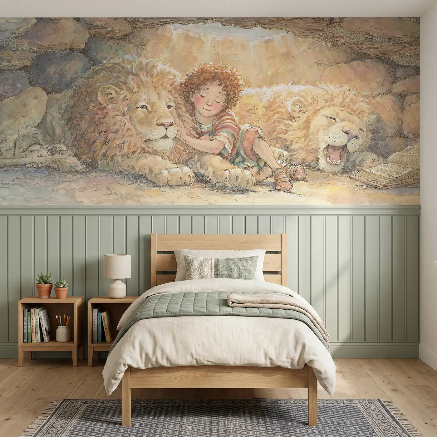Storybook Daniel gentle lion morning wainscoting wallpaper for bedroom by Whimsy Tots.
