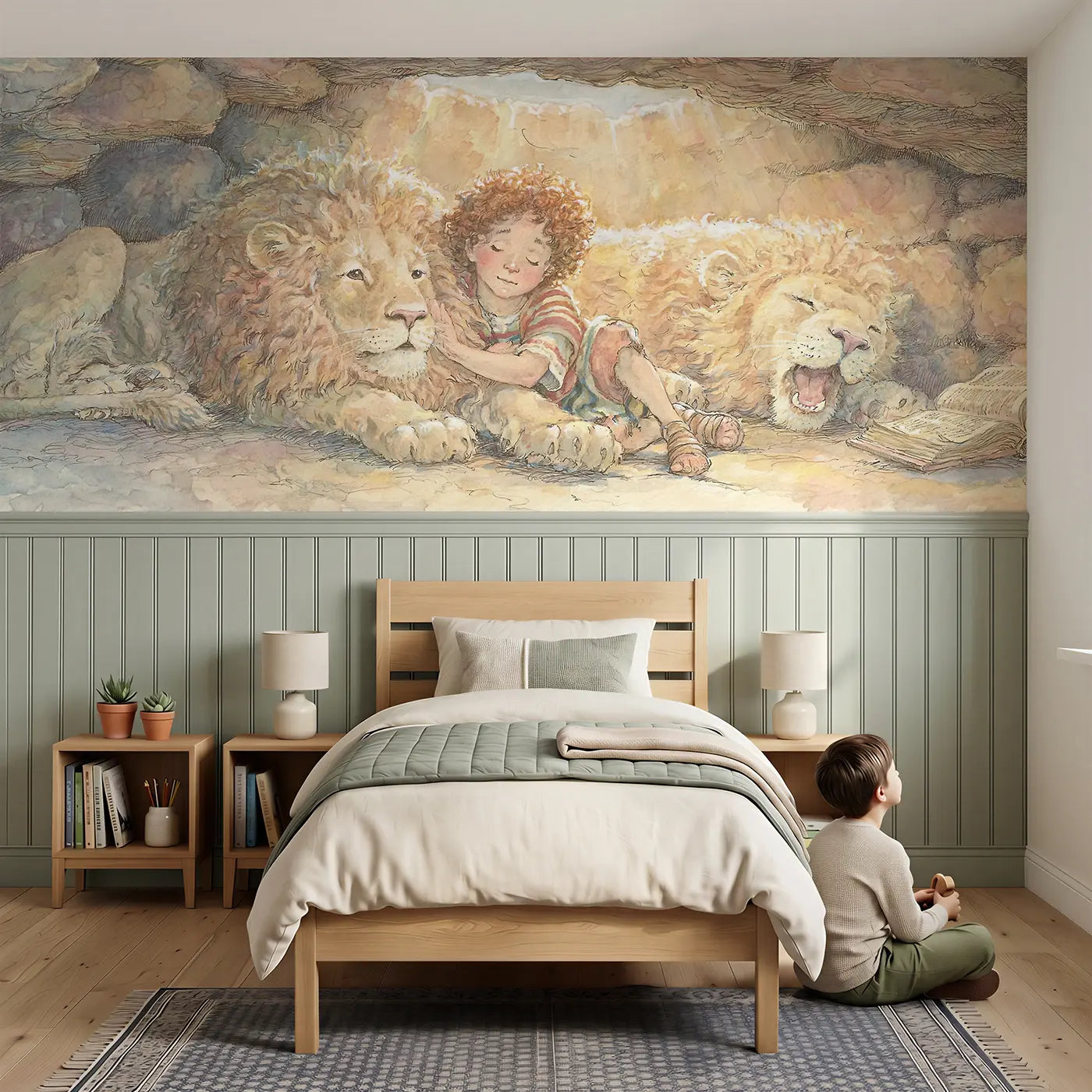 Child reading near Daniel Gentle Lion Morning Wainscoting Wallpaper by Whimsy Tots