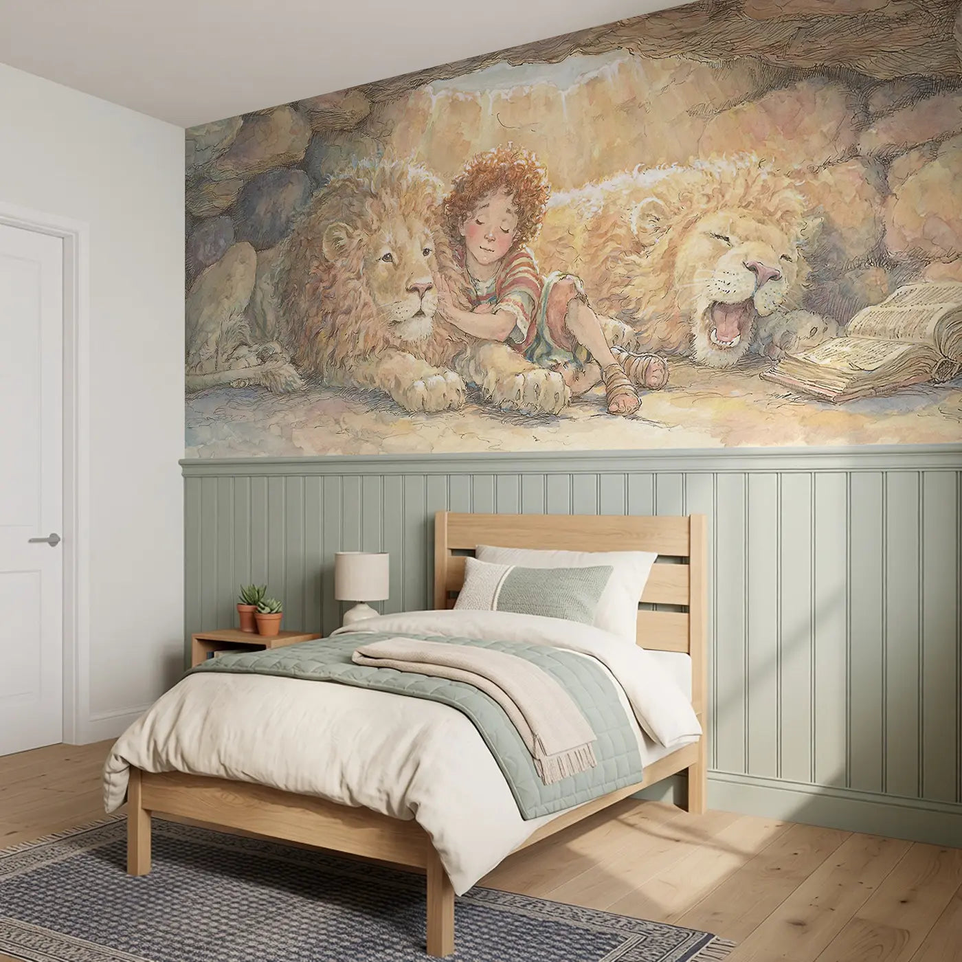 Daniel Gentle Lion Morning Wainscoting Wallpaper styled in a kids bedroom by Whimsy Tots