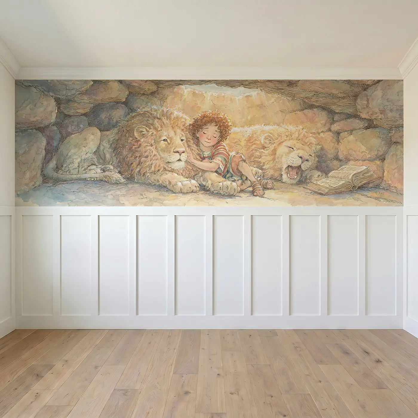 Full panel view of Daniel Gentle Lion Morning Wainscoting Wallpaper by Whimsy Tots