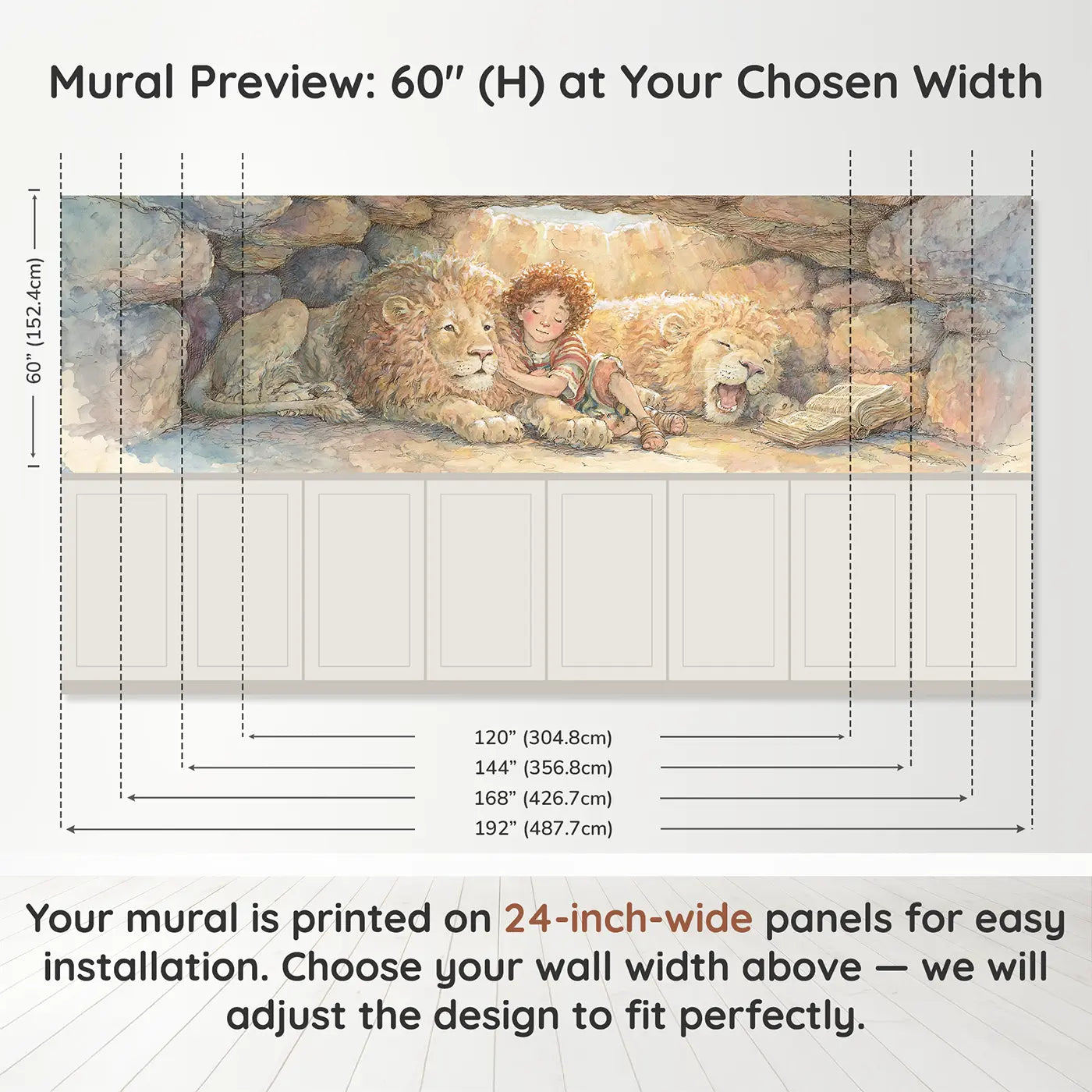 Panel dimensions for Daniel Gentle Lion Morning Wainscoting Wallpaper by Whimsy Tots