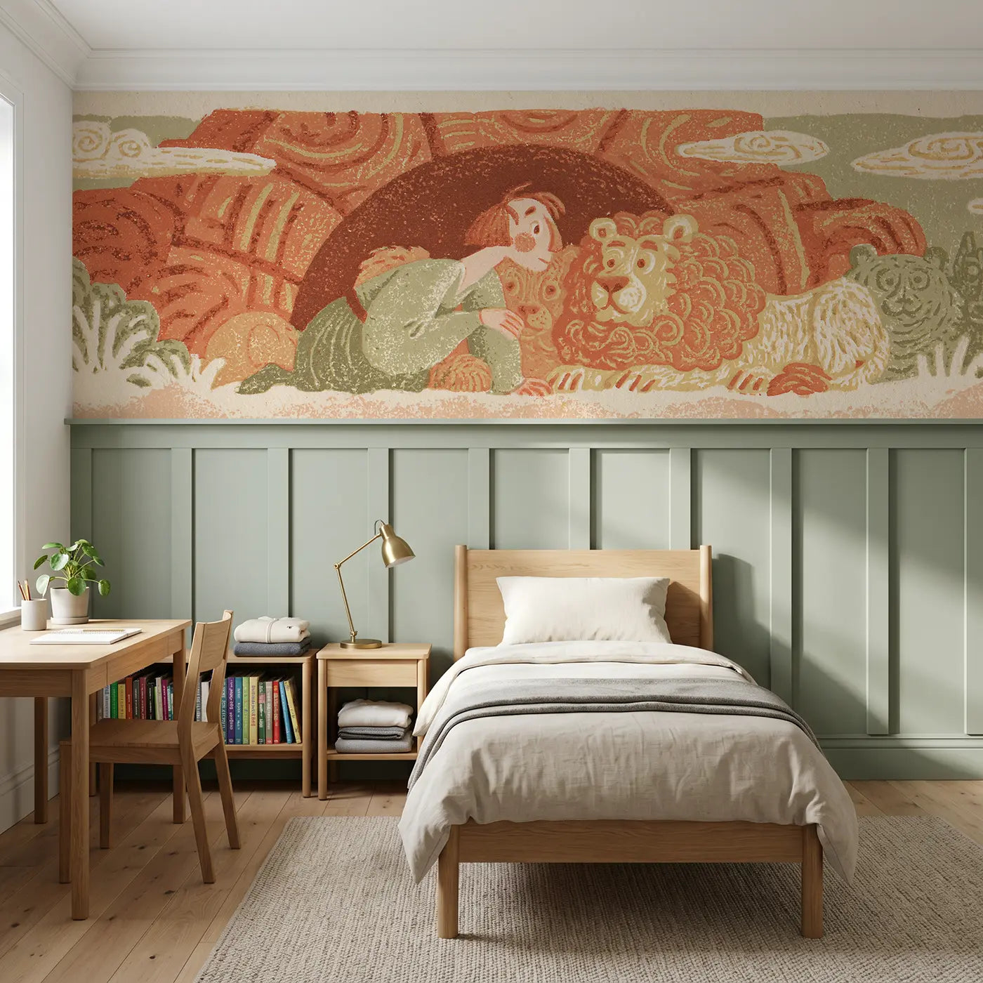 Block Print carved Daniel lion folk wainscoting wallpaper for bedroom by Whimsy Tots.