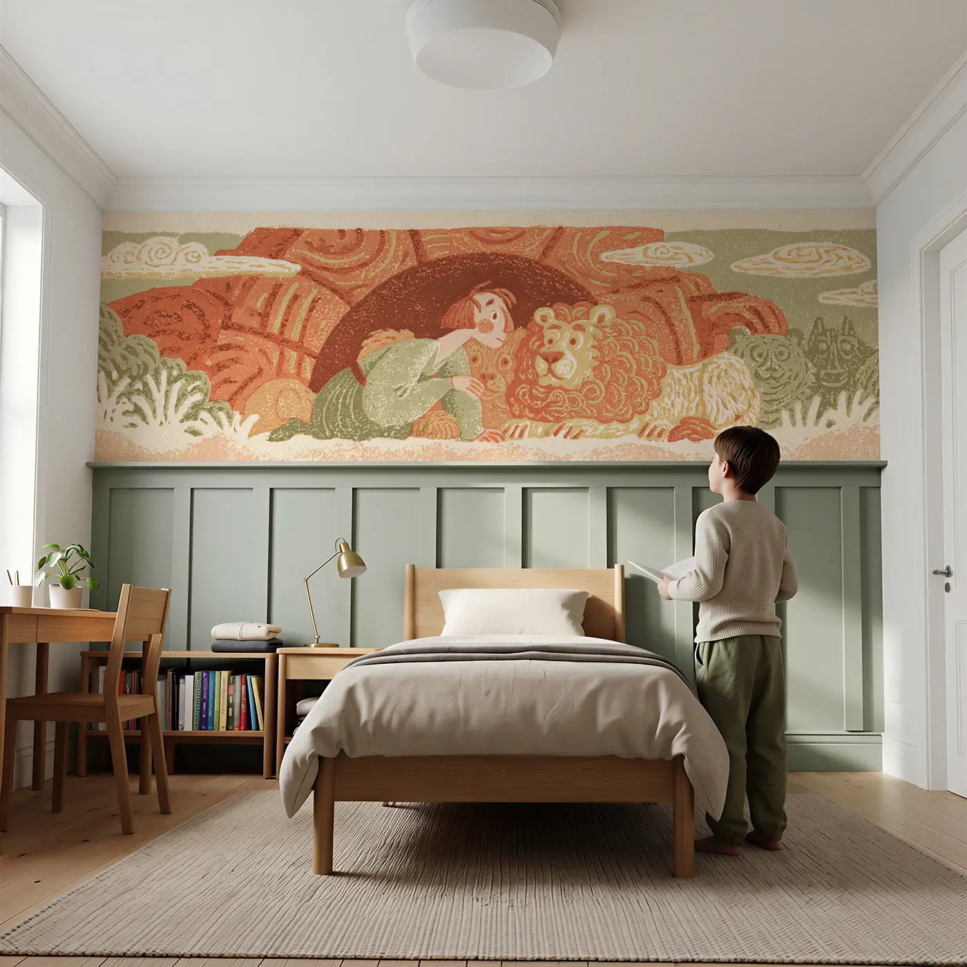 Child reading near Carved Daniel Lion Folk Wainscoting Wallpaper by Whimsy Tots