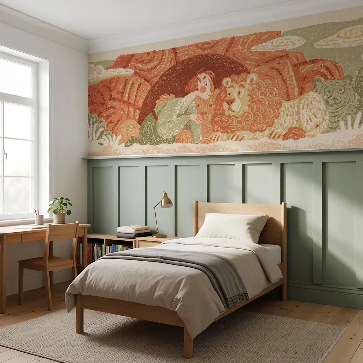 Carved Daniel Lion Folk Wainscoting Wallpaper styled in a kids bedroom by Whimsy Tots