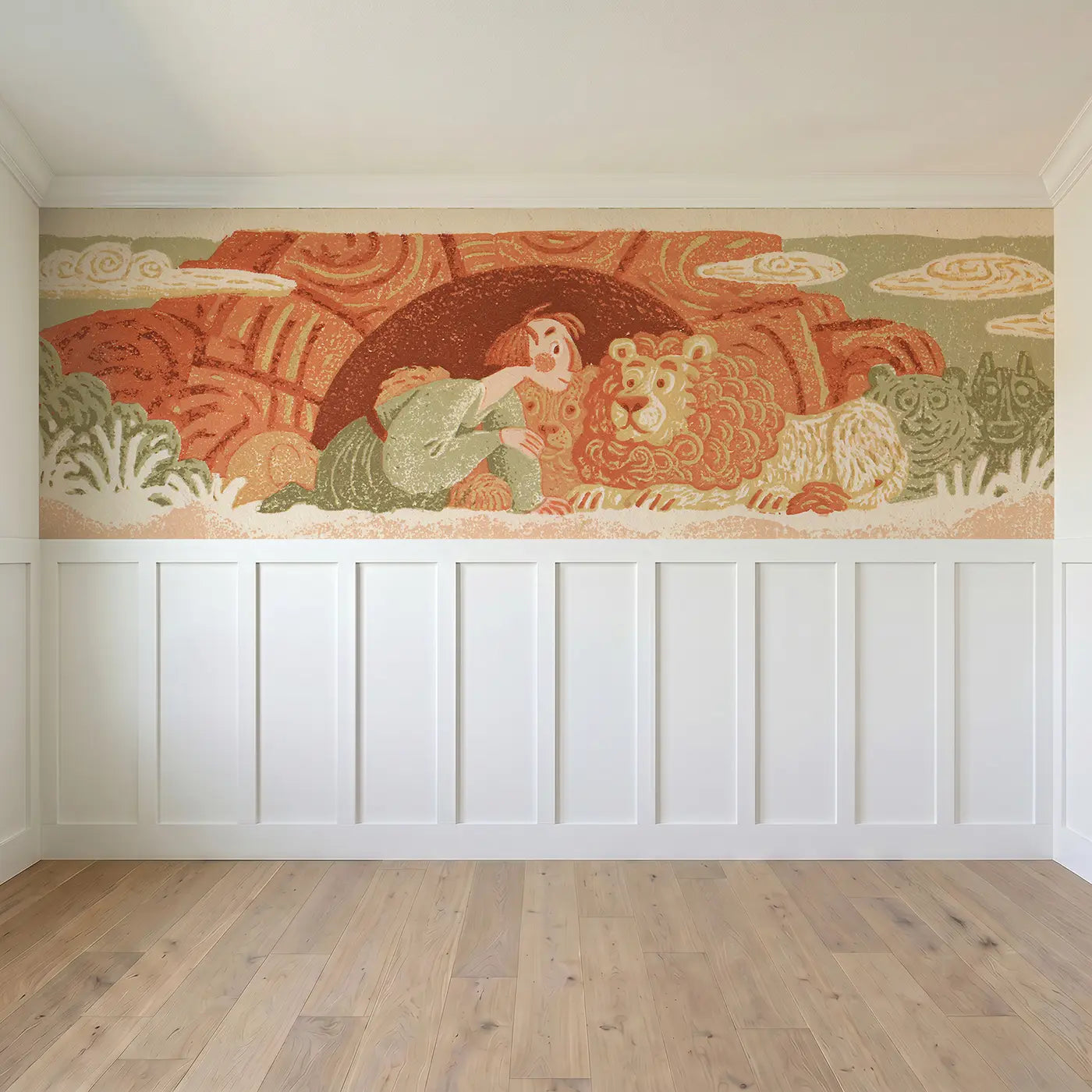 Full panel view of Carved Daniel Lion Folk Wainscoting Wallpaper by Whimsy Tots