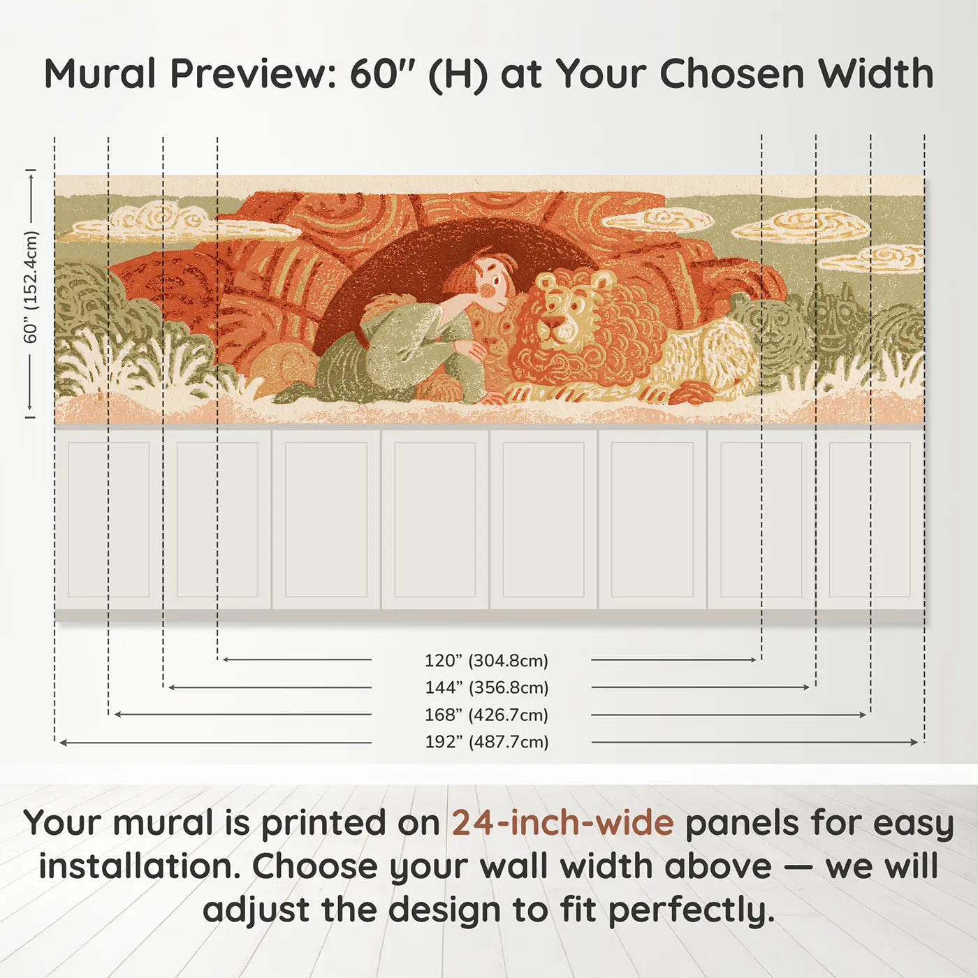 Panel dimensions for Carved Daniel Lion Folk Wainscoting Wallpaper by Whimsy Tots