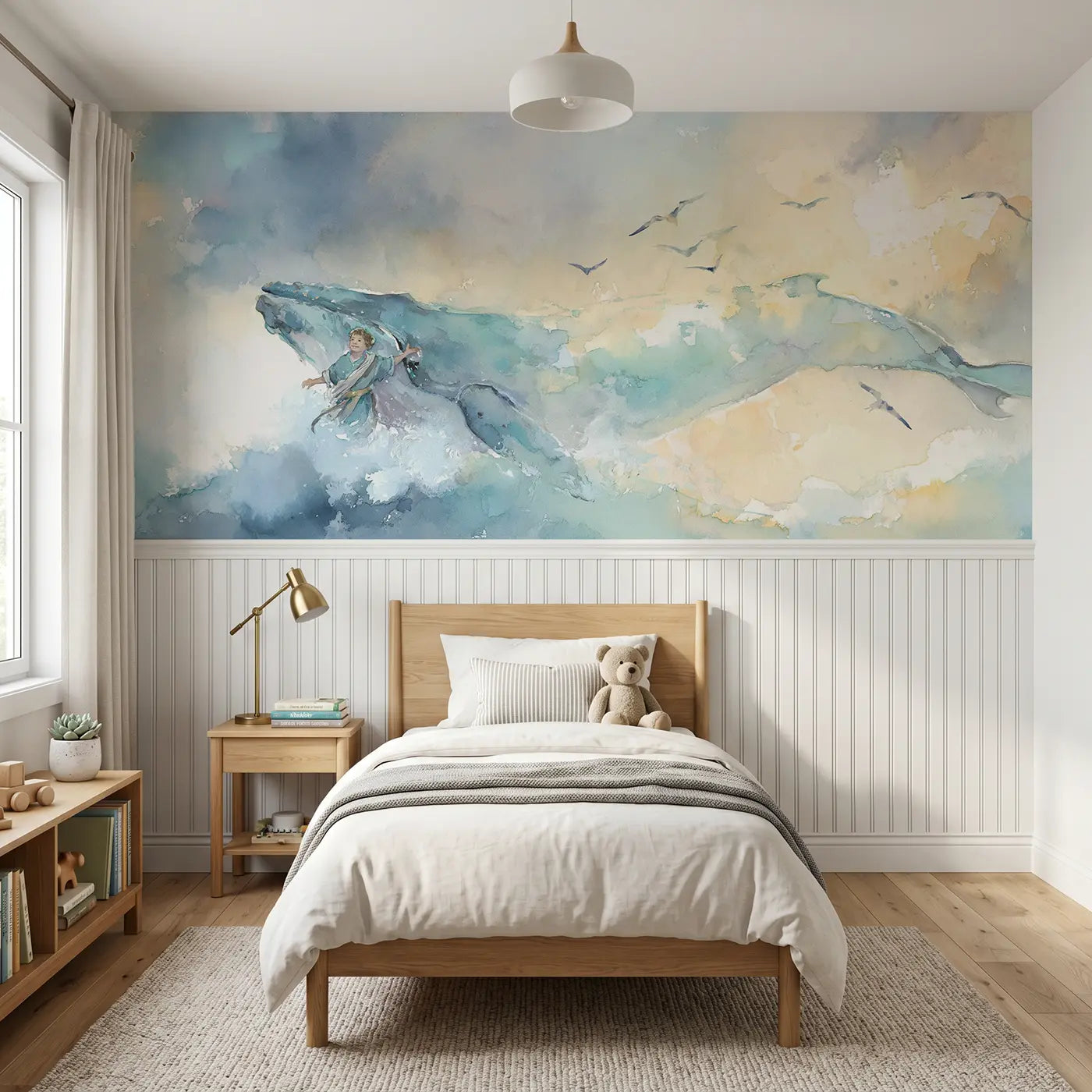 Watercolor Jonah friendly whale ocean wainscoting wallpaper for bedroom by Whimsy Tots.