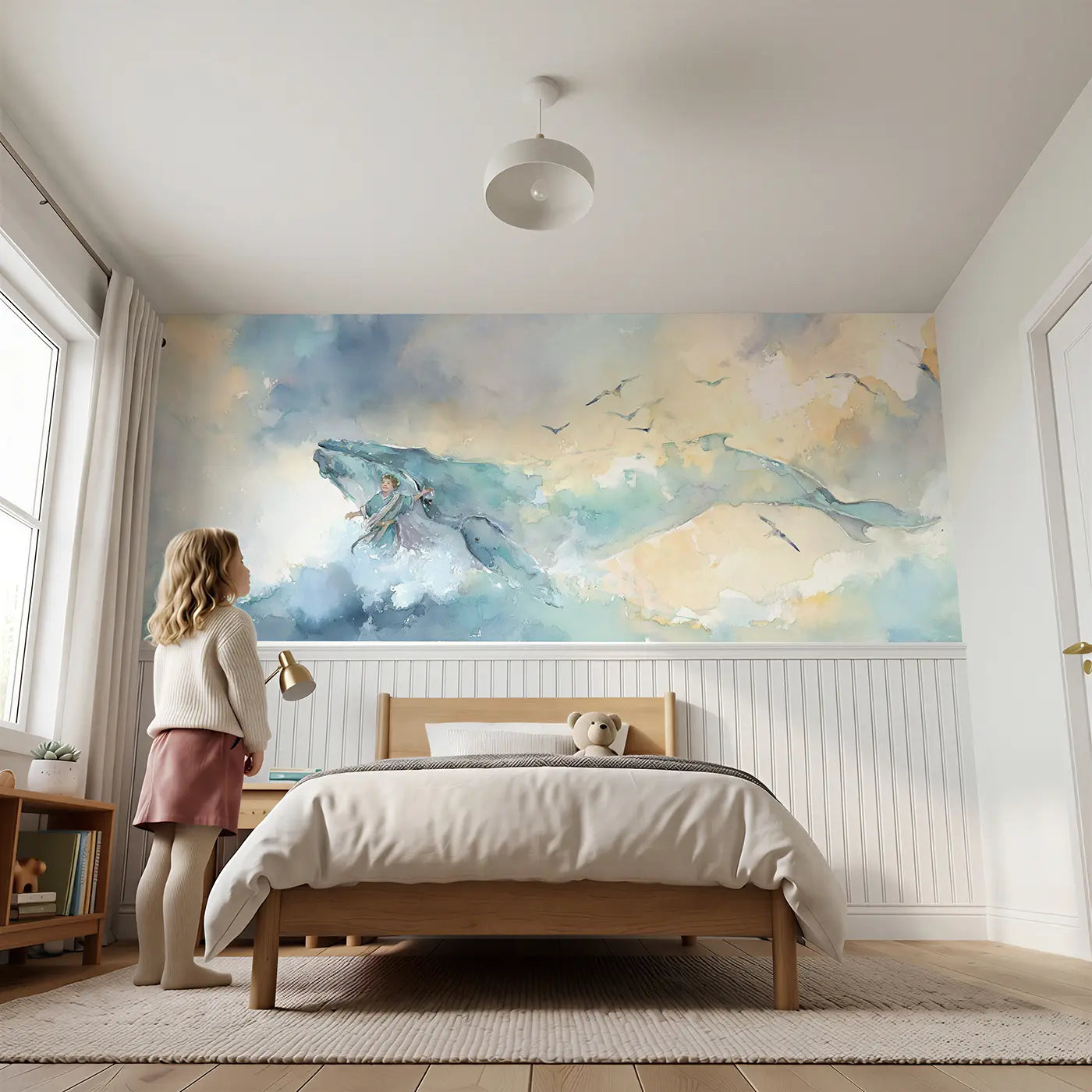 Child reading near Jonah Friendly Whale Ocean Wainscoting Wallpaper by Whimsy Tots