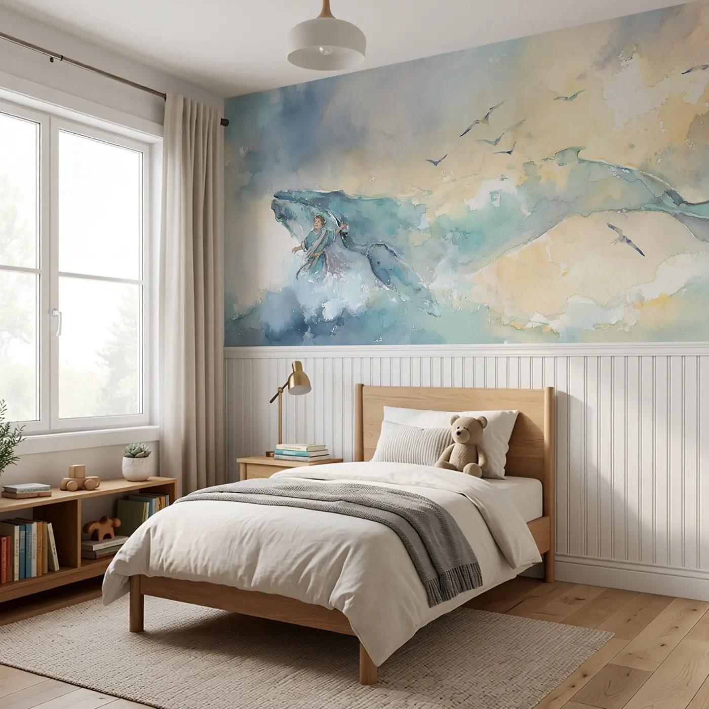 Jonah Friendly Whale Ocean Wainscoting Wallpaper styled in a kids bedroom by Whimsy Tots