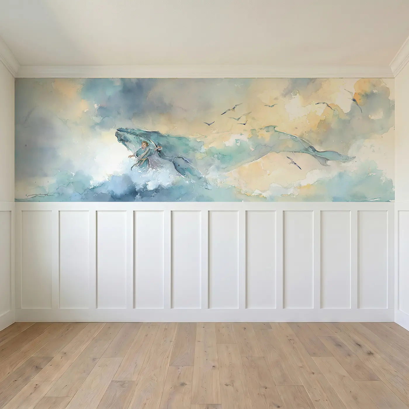Full panel view of Jonah Friendly Whale Ocean Wainscoting Wallpaper by Whimsy Tots