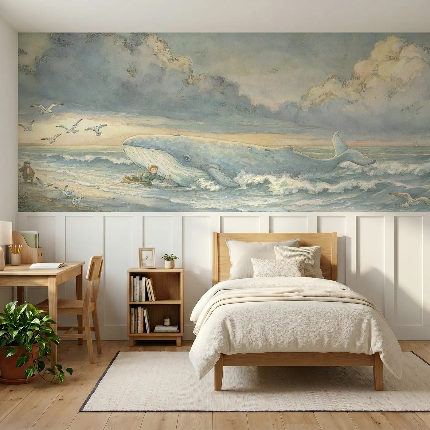 Storybook Jonah whale rescue shore wainscoting wallpaper for bedroom by Whimsy Tots.