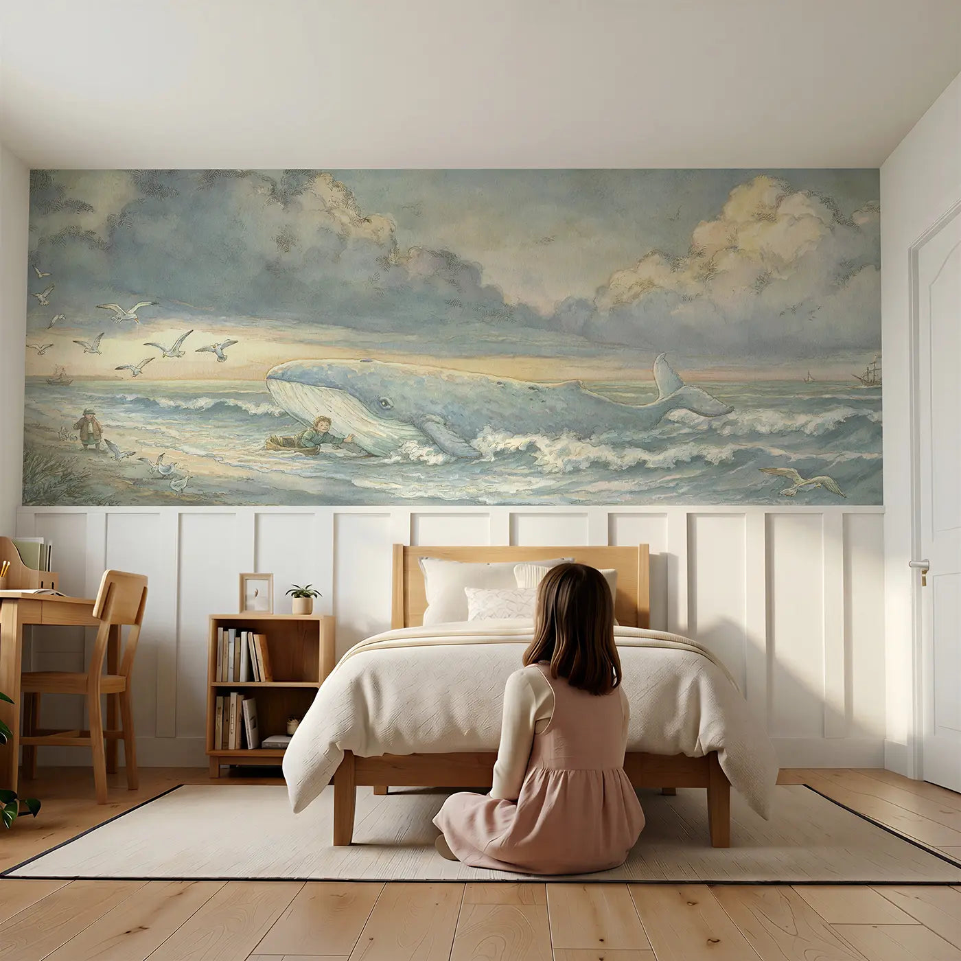 Child reading near Jonah Whale Rescue Shore Wainscoting Wallpaper by Whimsy Tots