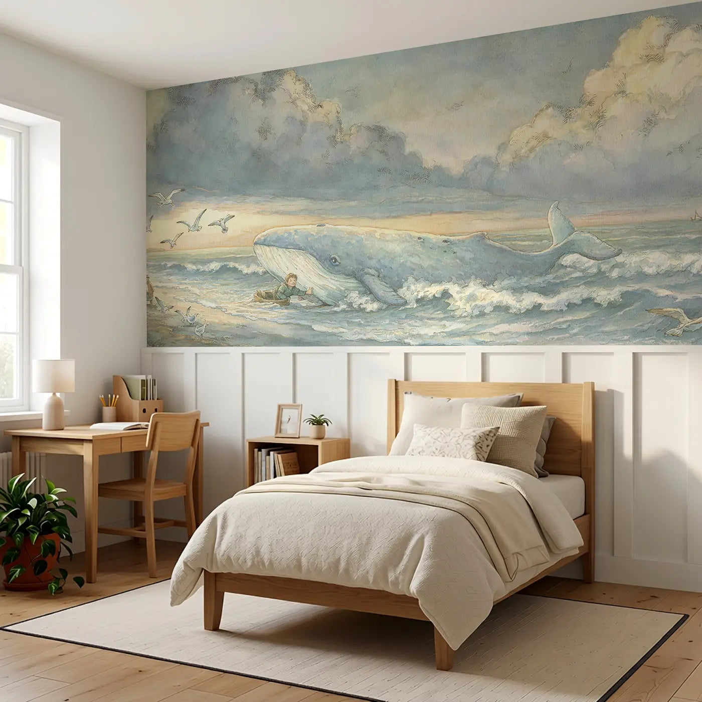 Jonah Whale Rescue Shore Wainscoting Wallpaper styled in a kids bedroom by Whimsy Tots