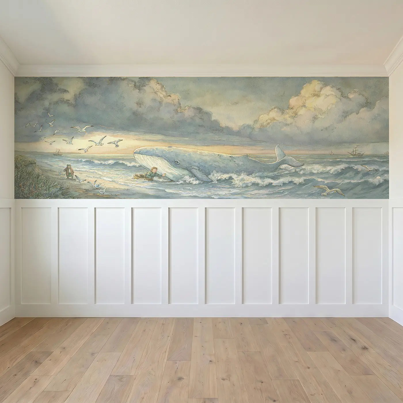 Full panel view of Jonah Whale Rescue Shore Wainscoting Wallpaper by Whimsy Tots