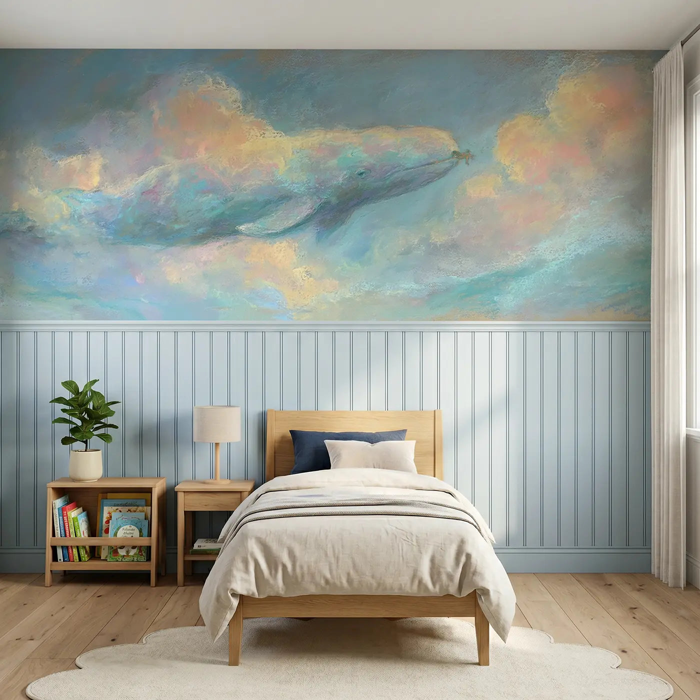 Soft Pastel whale and tiny boat in dreamy ocean wainscoting wallpaper for nursery by Whimsy Tots.