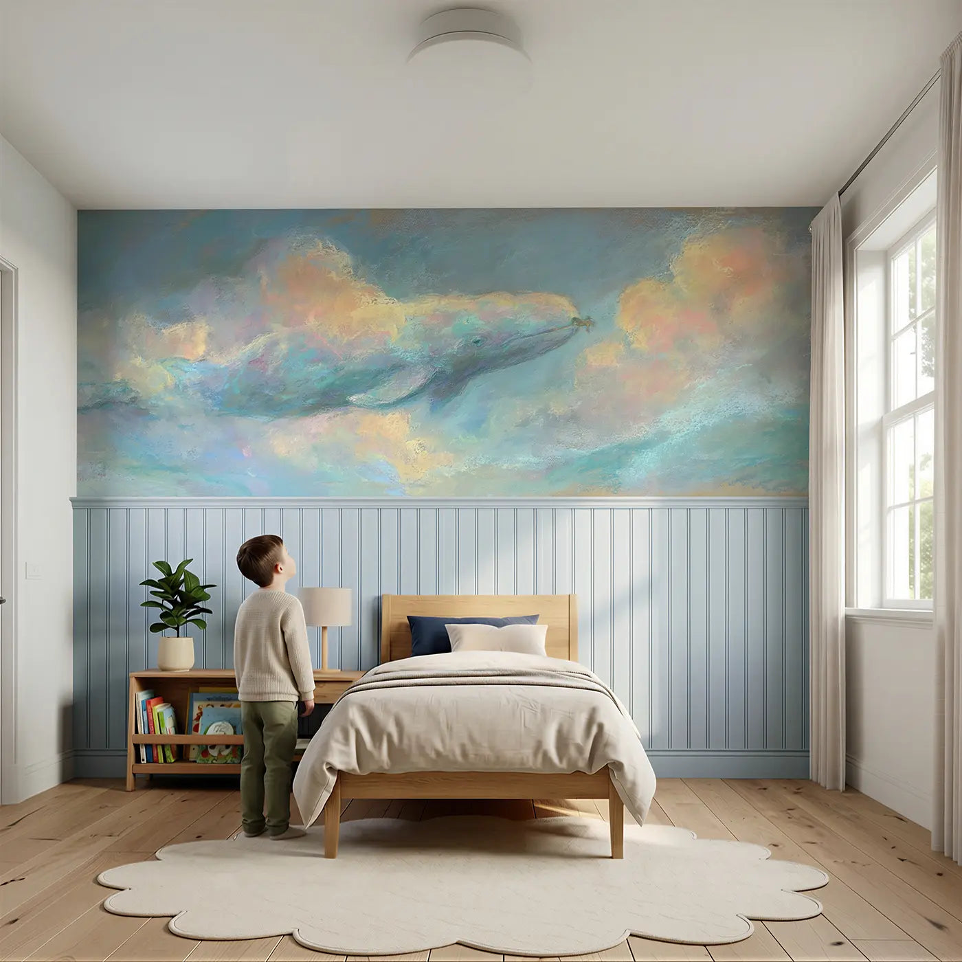 Child reading near Pastel Whale Soft Story Wainscoting Wallpaper by Whimsy Tots