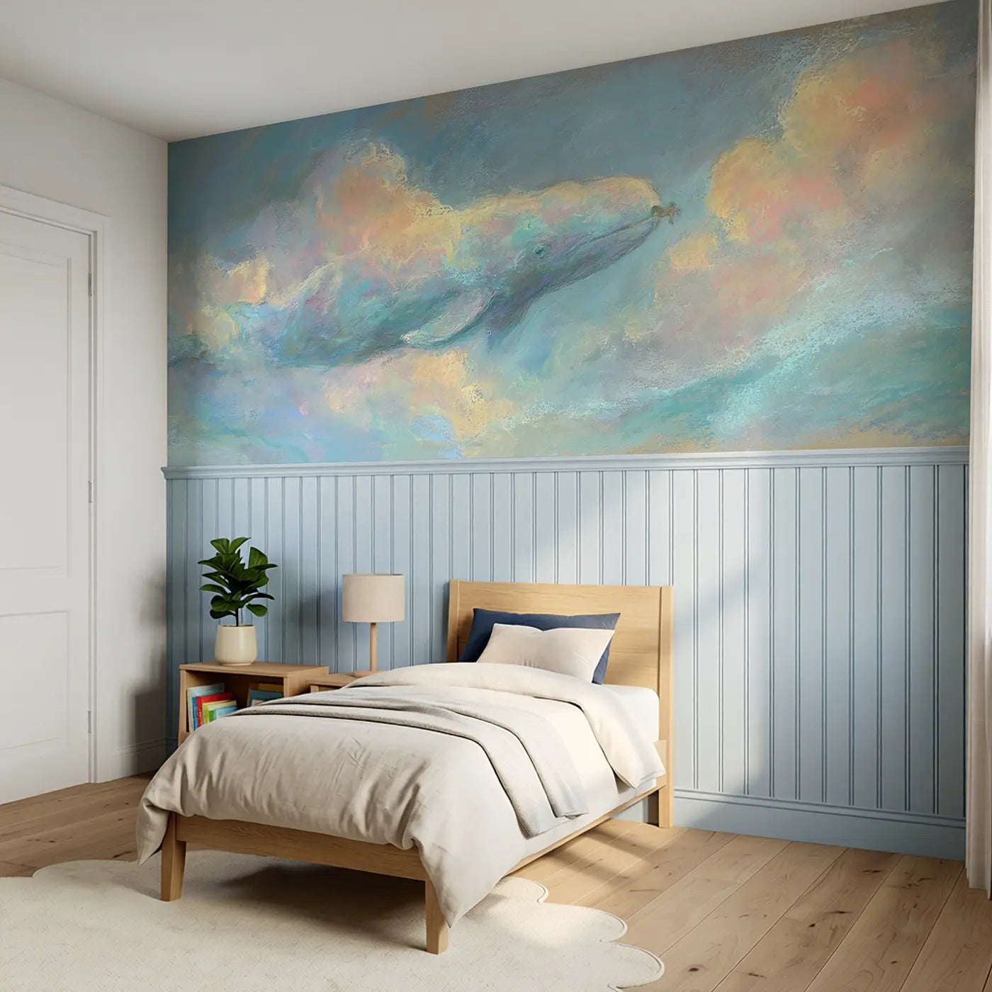 Pastel Whale Soft Story Wainscoting Wallpaper styled in a kids bedroom by Whimsy Tots