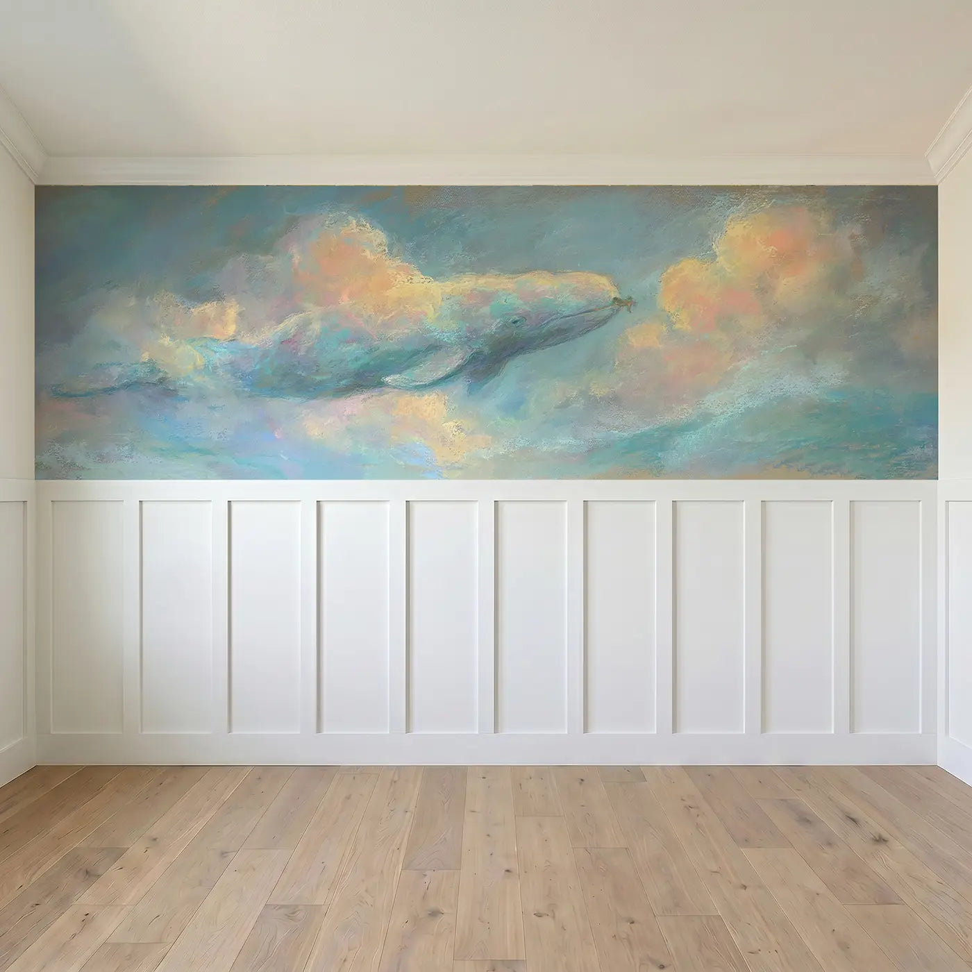 Full panel view of Pastel Whale Soft Story Wainscoting Wallpaper by Whimsy Tots