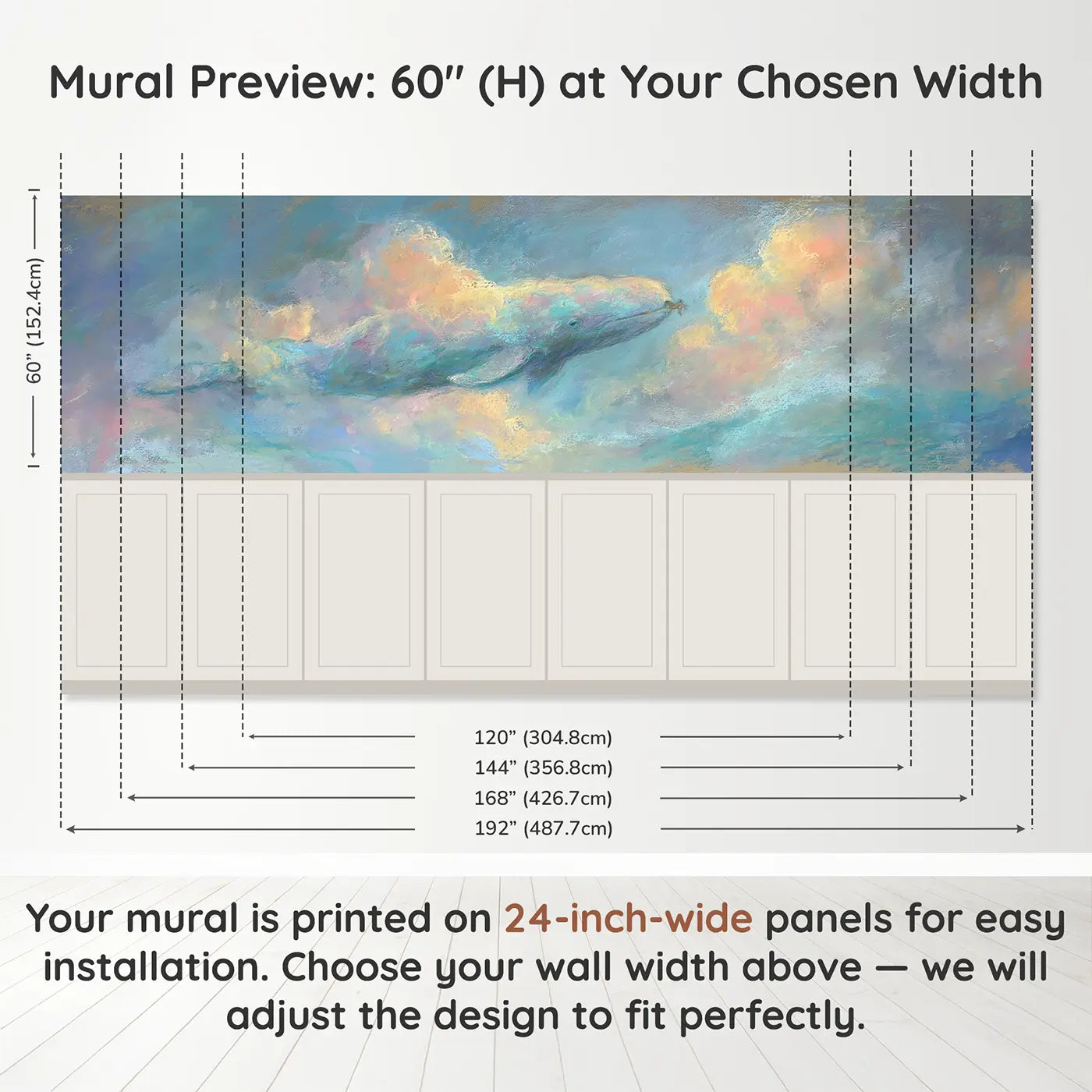 Panel dimensions for Pastel Whale Soft Story Wainscoting Wallpaper by Whimsy Tots