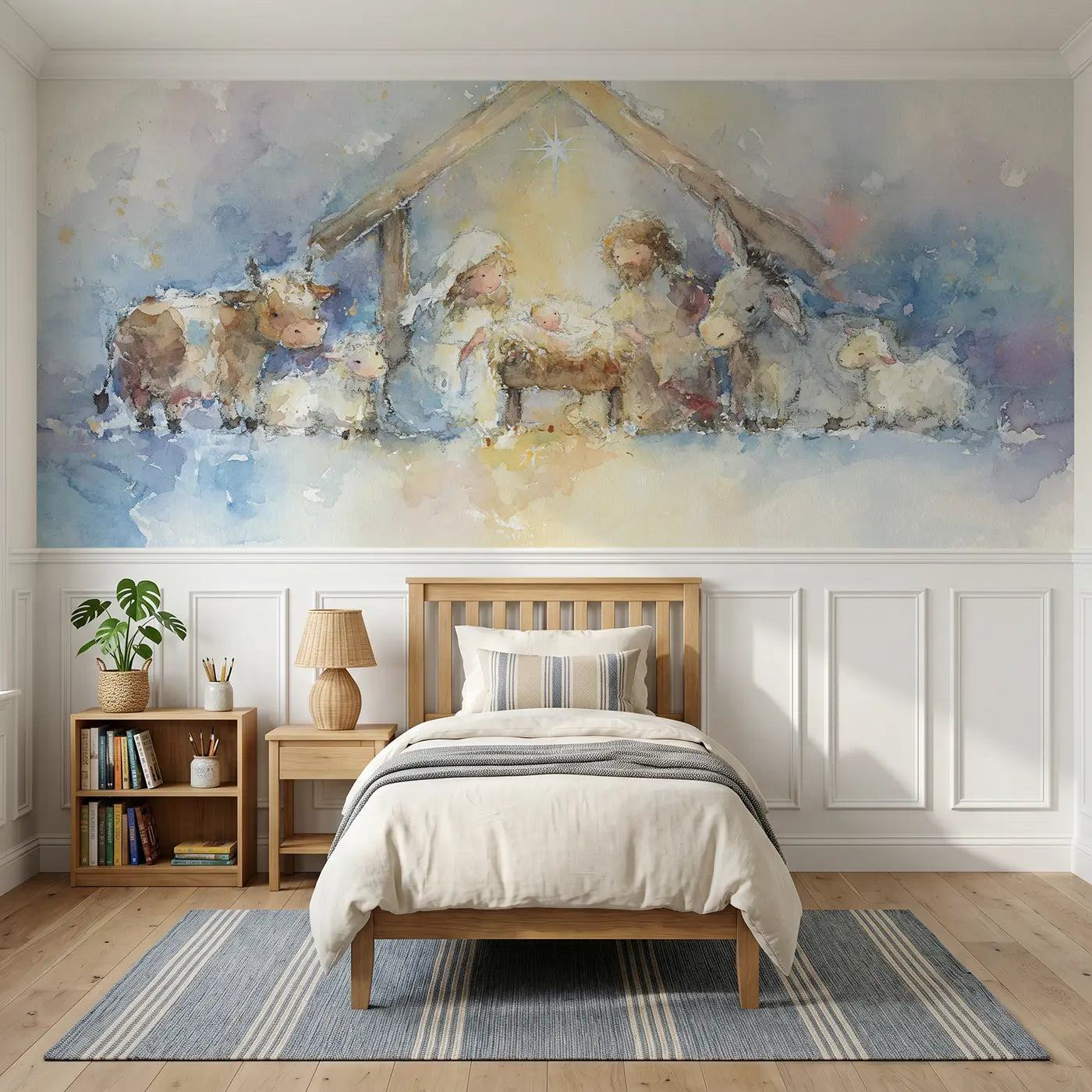 Watercolor nativity starlight stable wainscoting wallpaper for bedroom by Whimsy Tots.