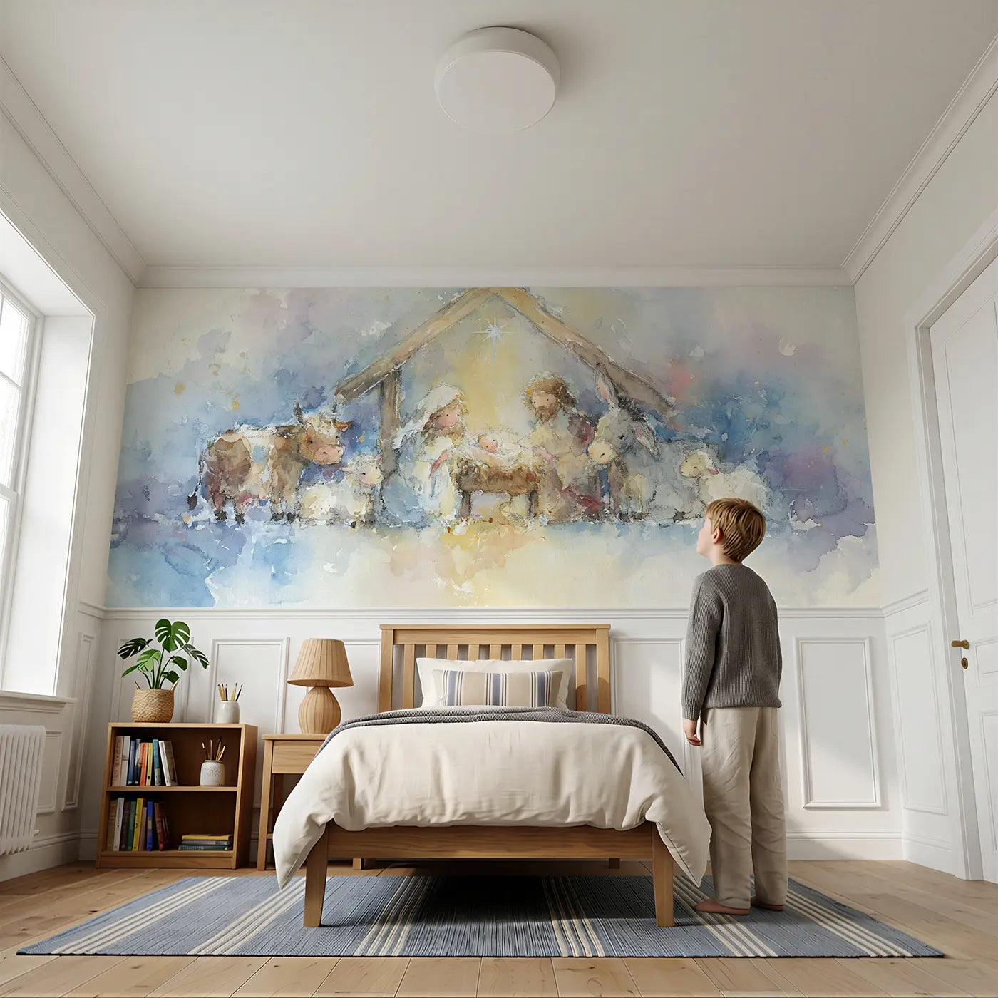 Child reading near Nativity Starlight Stable Wainscoting Wallpaper by Whimsy Tots