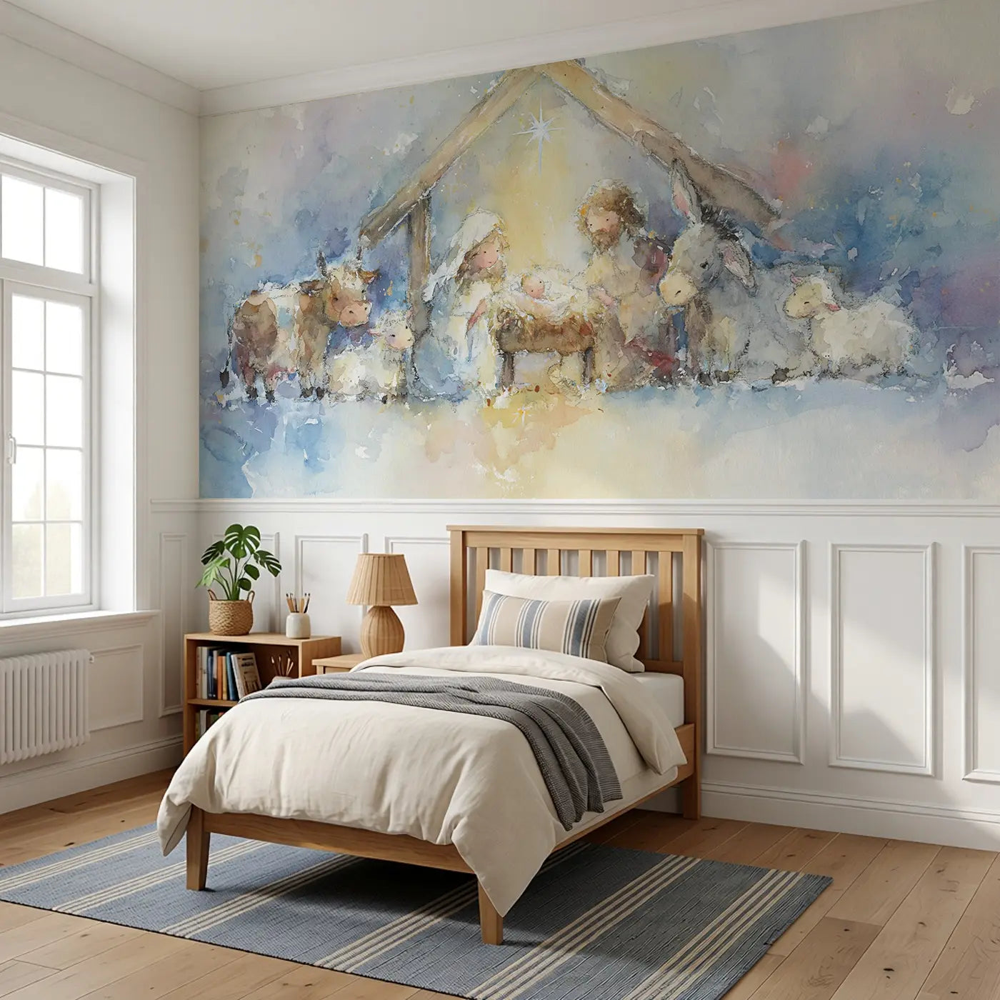 Nativity Starlight Stable Wainscoting Wallpaper styled in a kids bedroom by Whimsy Tots