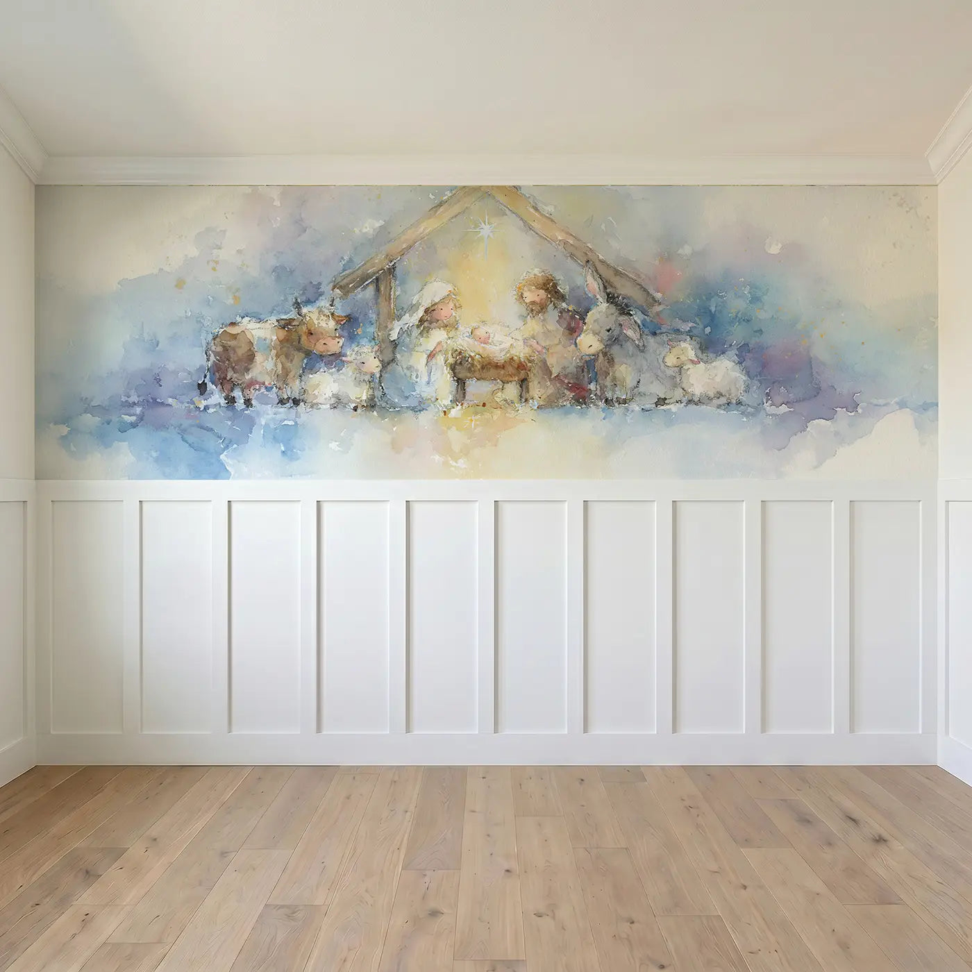 Full panel view of Nativity Starlight Stable Wainscoting Wallpaper by Whimsy Tots