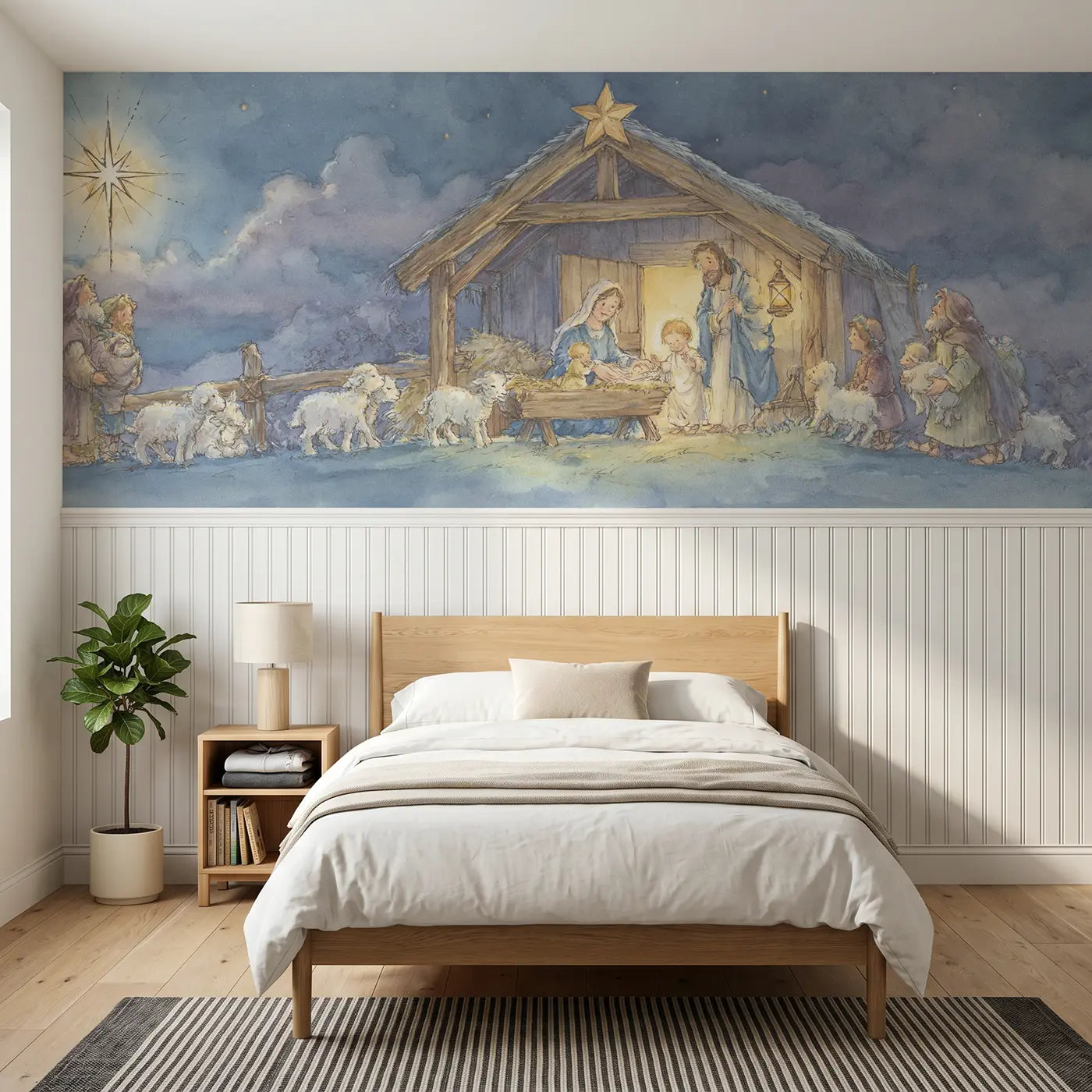 Storybook nativity shepherd visit wainscoting wallpaper for bedroom by Whimsy Tots.