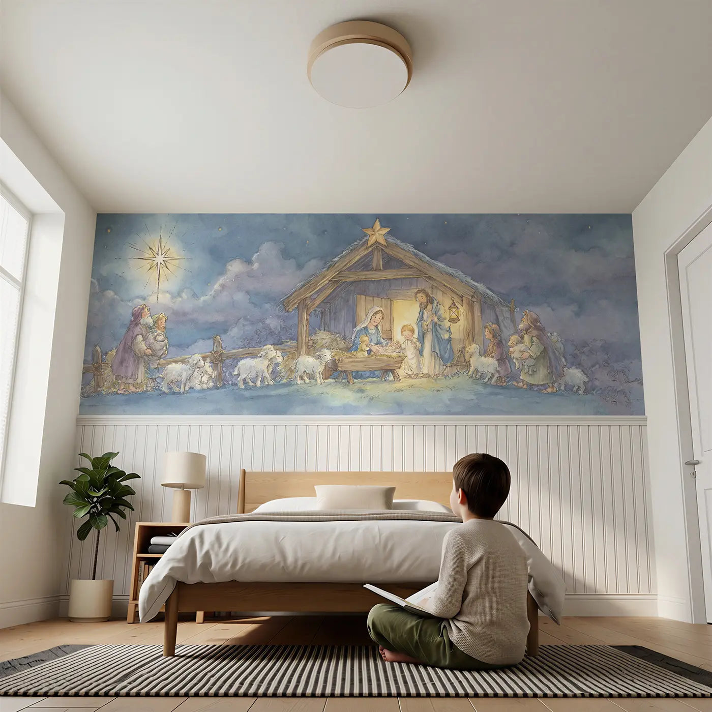 Child reading near Nativity Shepherd Visit Wainscoting Wallpaper by Whimsy Tots