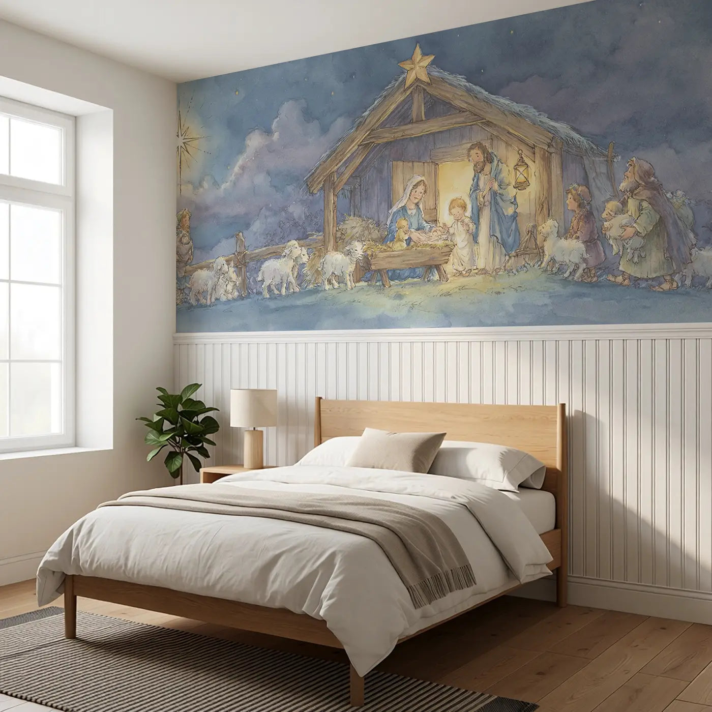 Nativity Shepherd Visit Wainscoting Wallpaper styled in a kids bedroom by Whimsy Tots