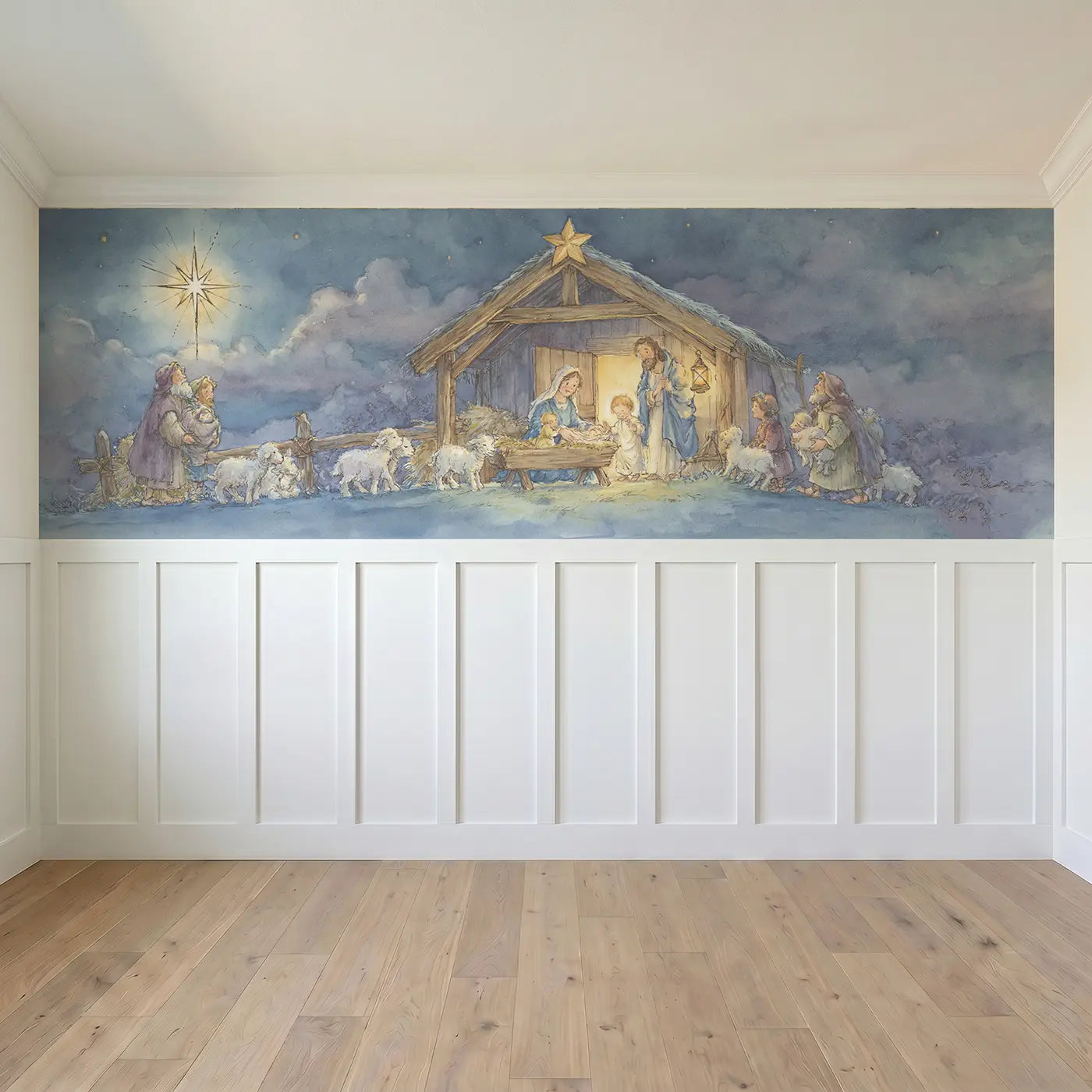 Full panel view of Nativity Shepherd Visit Wainscoting Wallpaper by Whimsy Tots