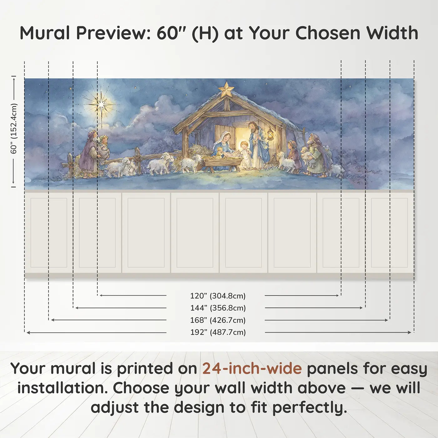 Panel dimensions for Nativity Shepherd Visit Wainscoting Wallpaper by Whimsy Tots