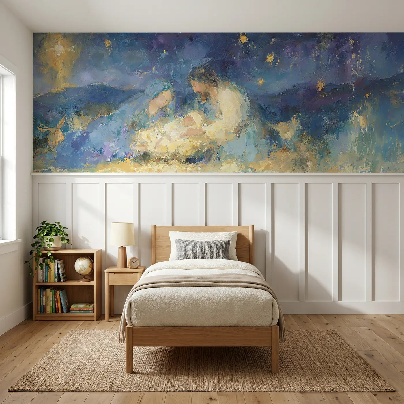Painted Landscape nativity golden star oil wainscoting wallpaper for bedroom by Whimsy Tots.