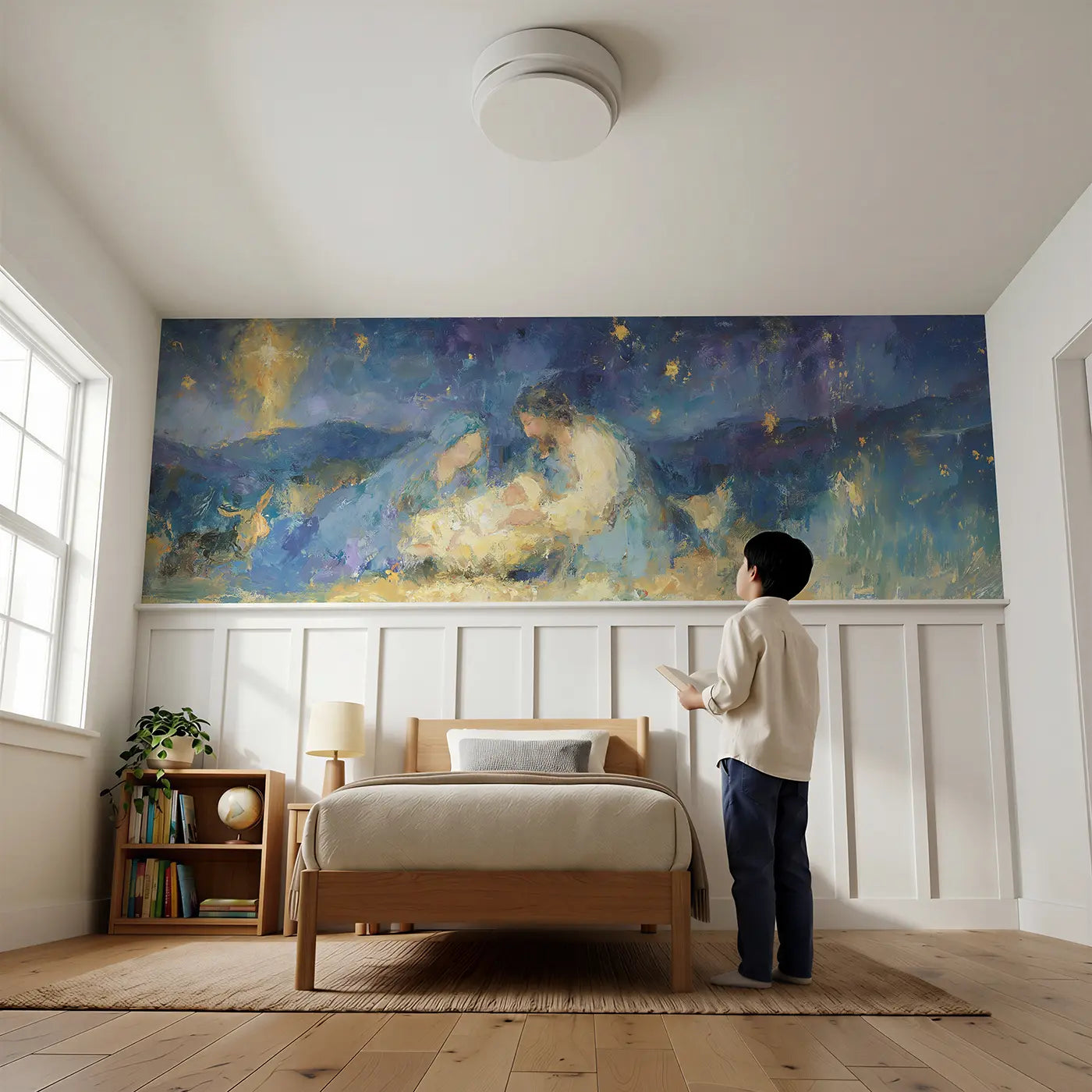 Child reading near Nativity Golden Star Oil Wainscoting Wallpaper by Whimsy Tots