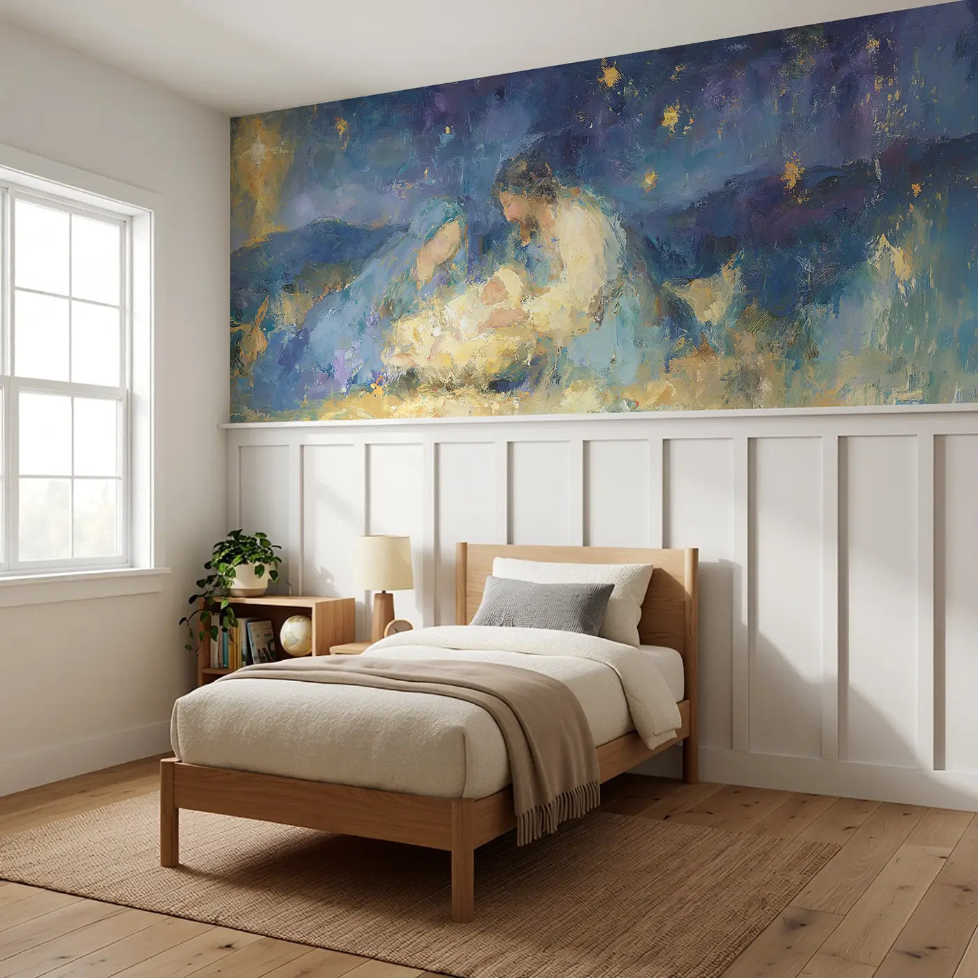 Nativity Golden Star Oil Wainscoting Wallpaper styled in a kids bedroom by Whimsy Tots