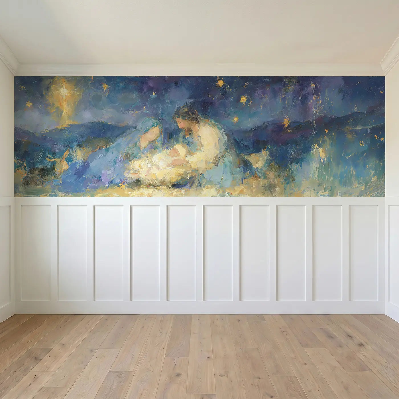 Full panel view of Nativity Golden Star Oil Wainscoting Wallpaper by Whimsy Tots