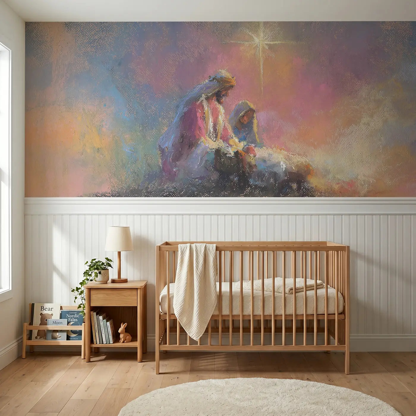 Soft Pastel nativity around a gentle baby wainscoting wallpaper for nursery by Whimsy Tots.