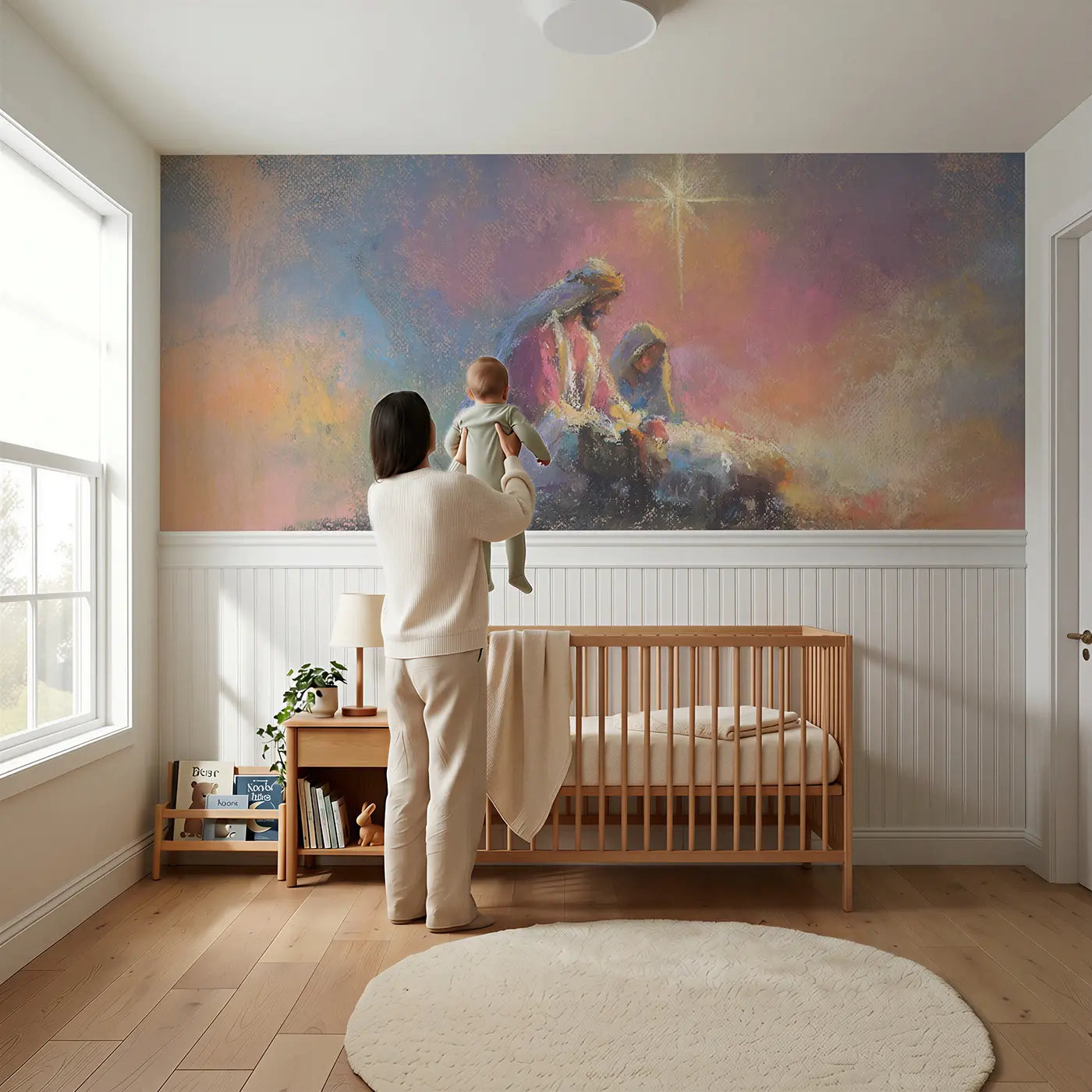 Child reading near Pastel Nativity Gentle Baby Wainscoting Wallpaper by Whimsy Tots