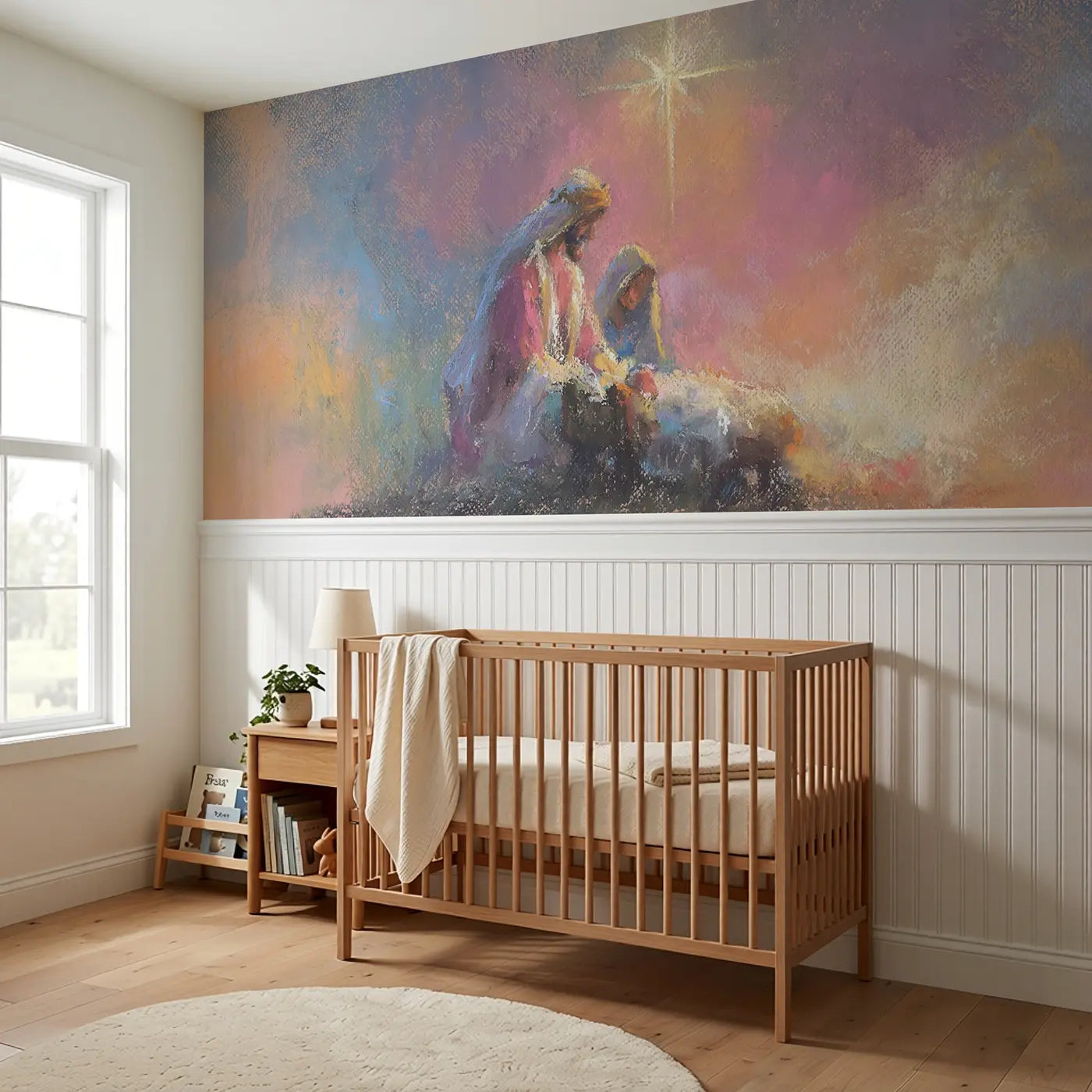 Pastel Nativity Gentle Baby Wainscoting Wallpaper styled in a kids bedroom by Whimsy Tots