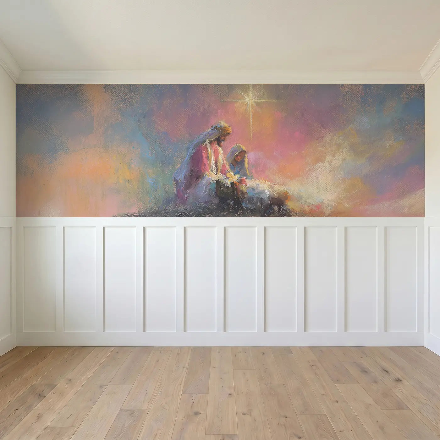 Full panel view of Pastel Nativity Gentle Baby Wainscoting Wallpaper by Whimsy Tots
