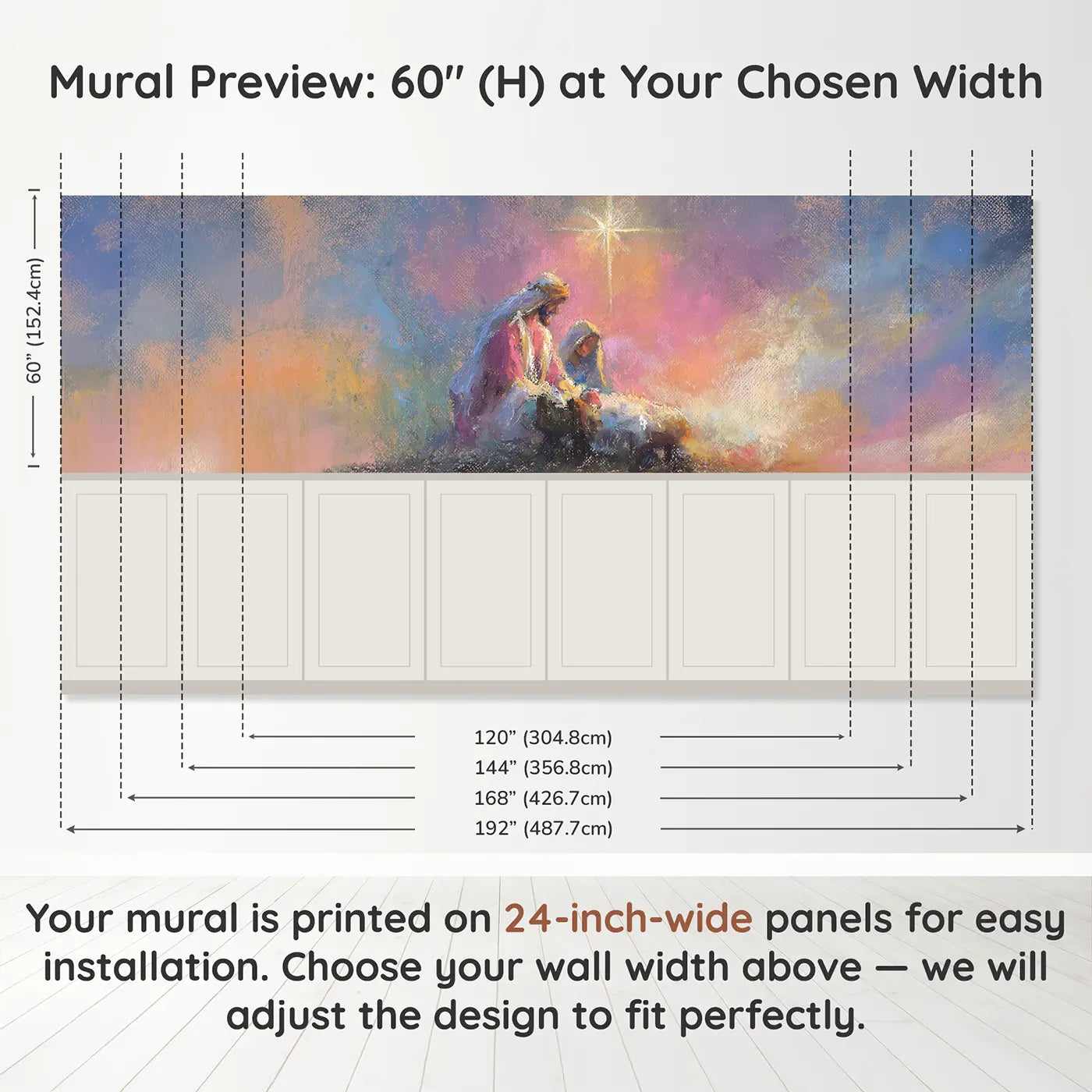 Panel dimensions for Pastel Nativity Gentle Baby Wainscoting Wallpaper by Whimsy Tots